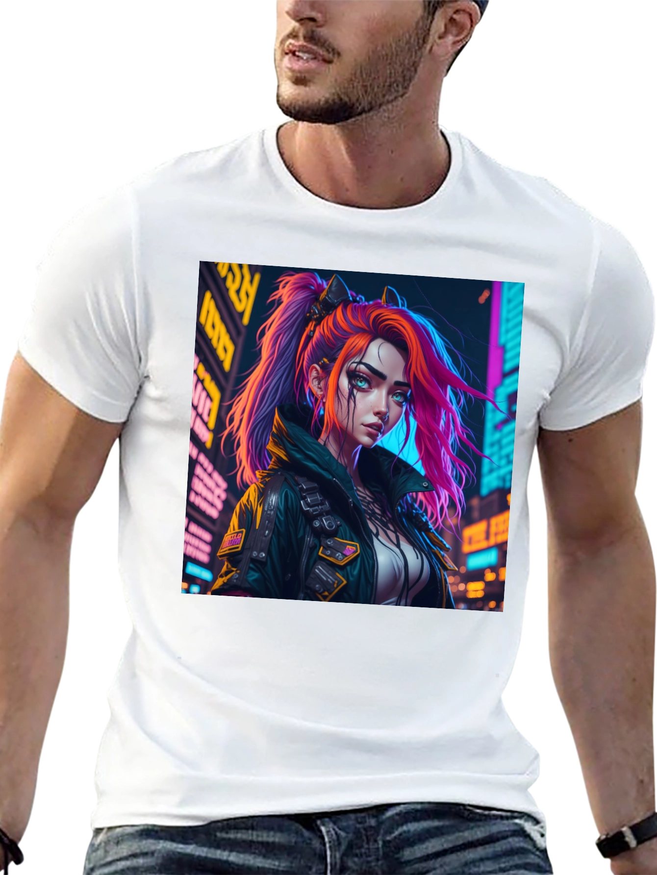 Cyberpunk Girl Graphic Print Black T-Shirt