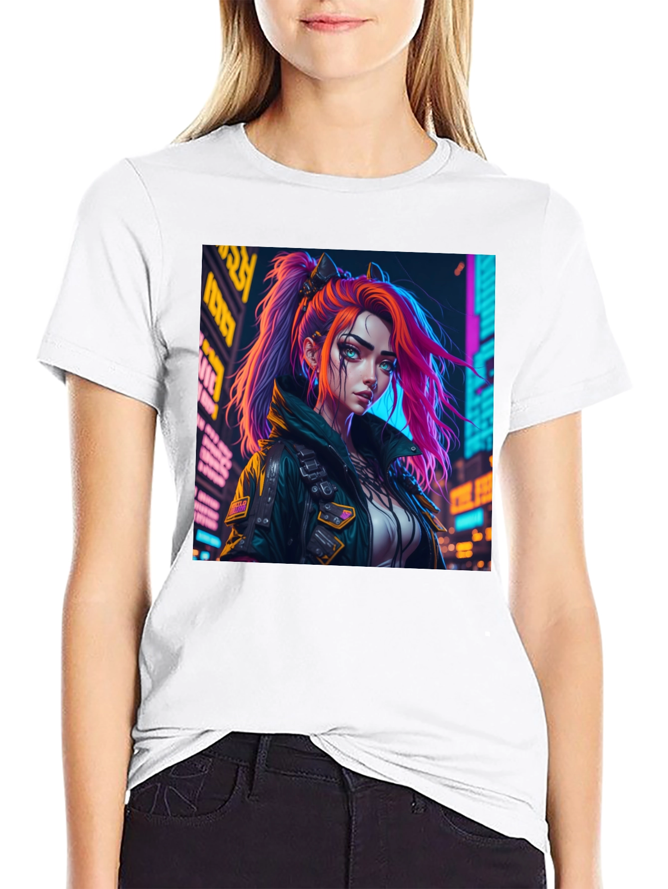 Cyberpunk Girl Graphic Print Black T-Shirt
