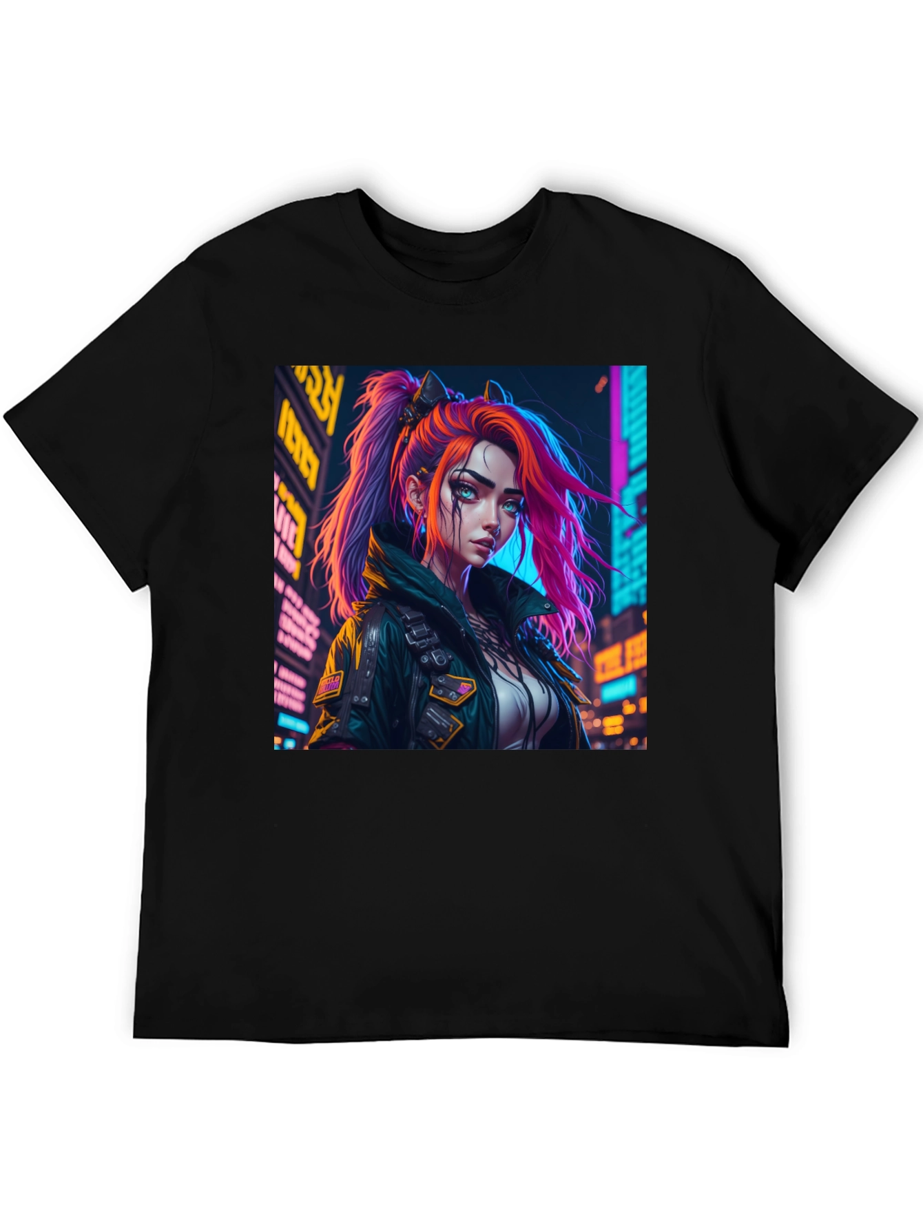 Cyberpunk Girl Graphic Print Black T-Shirt