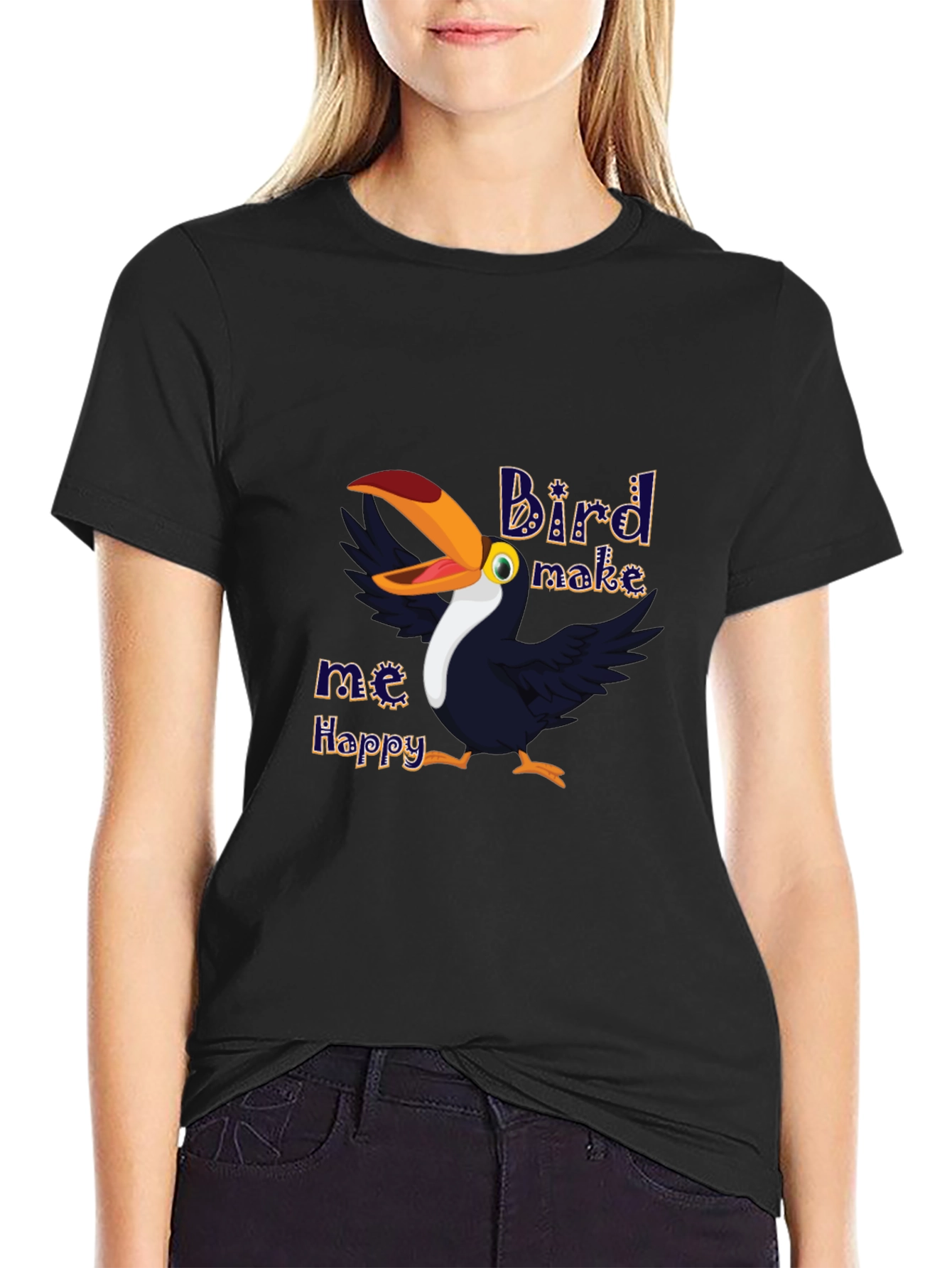 Bird Make Me Happy Graphic T-Shirt - Black