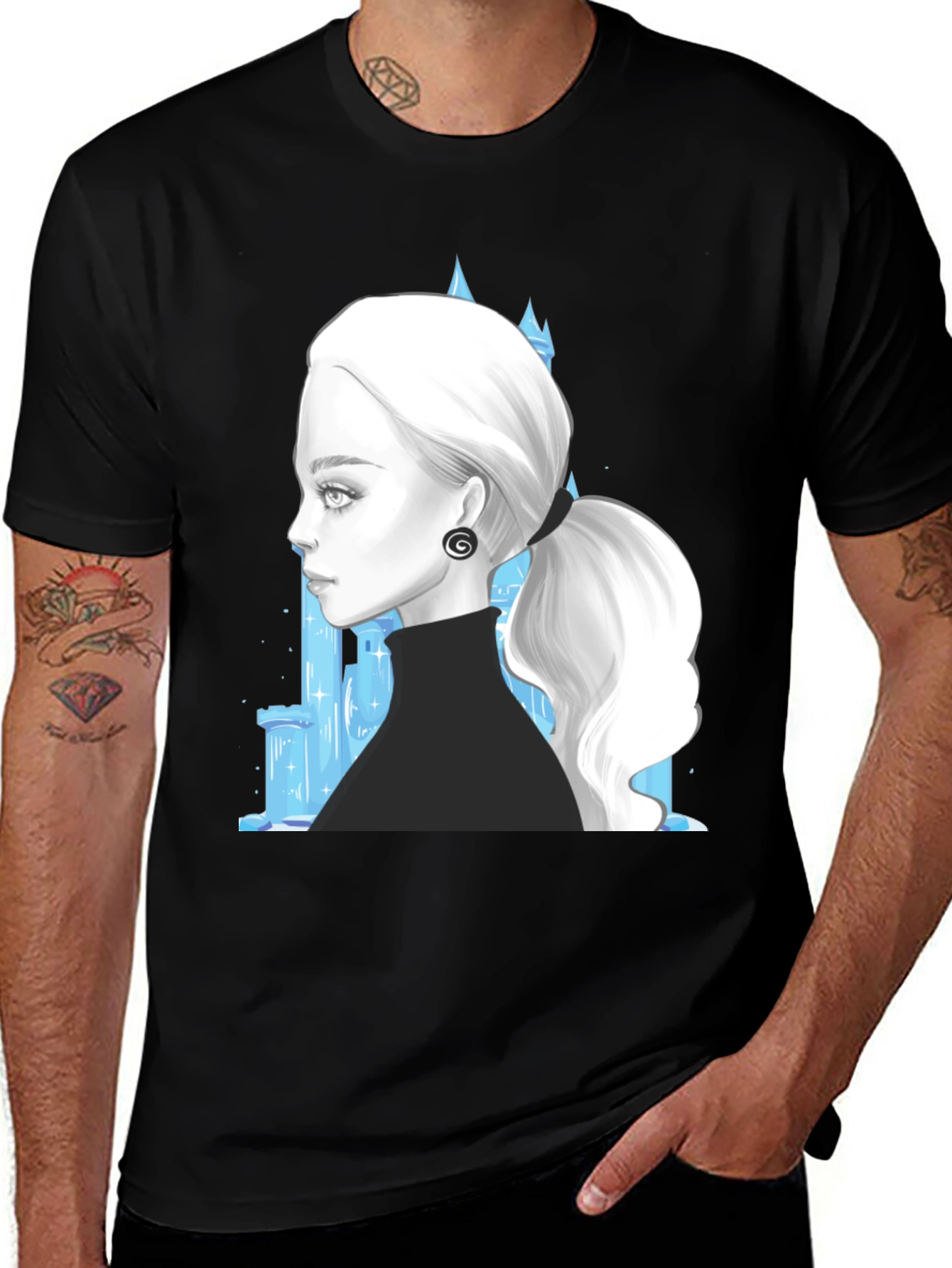 Elegant Woman & Ice Castle Graphic Black T-Shirt