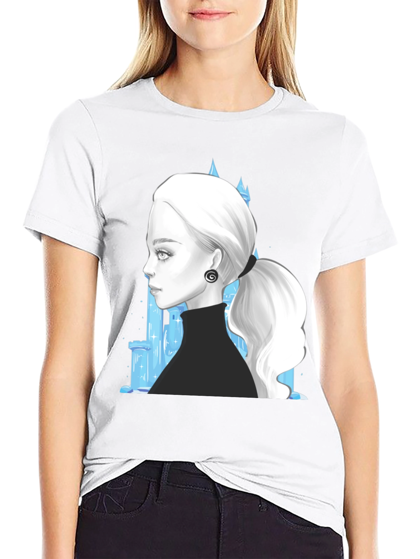Elegant Woman & Ice Castle Graphic Black T-Shirt