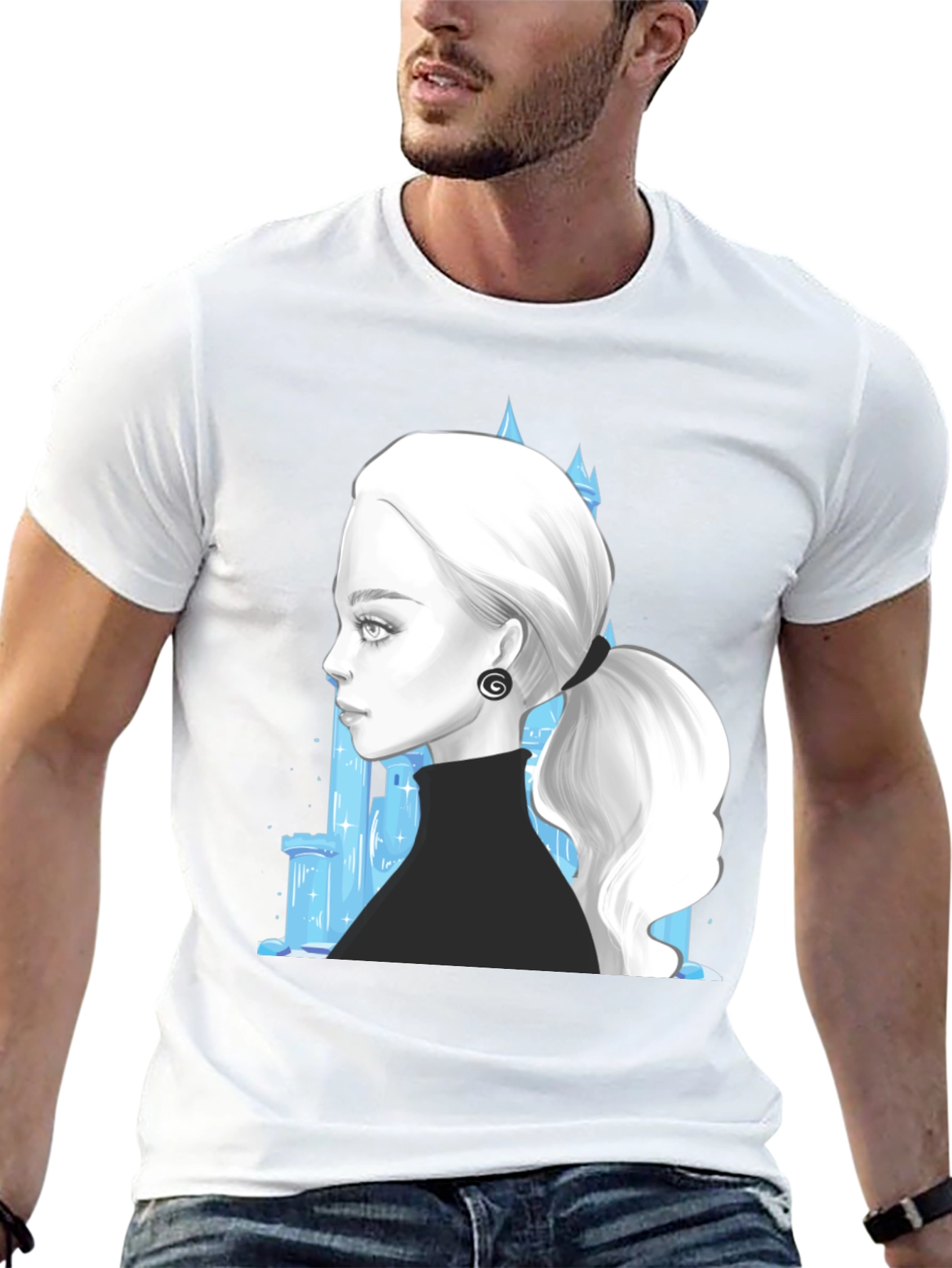 Elegant Woman & Ice Castle Graphic Black T-Shirt