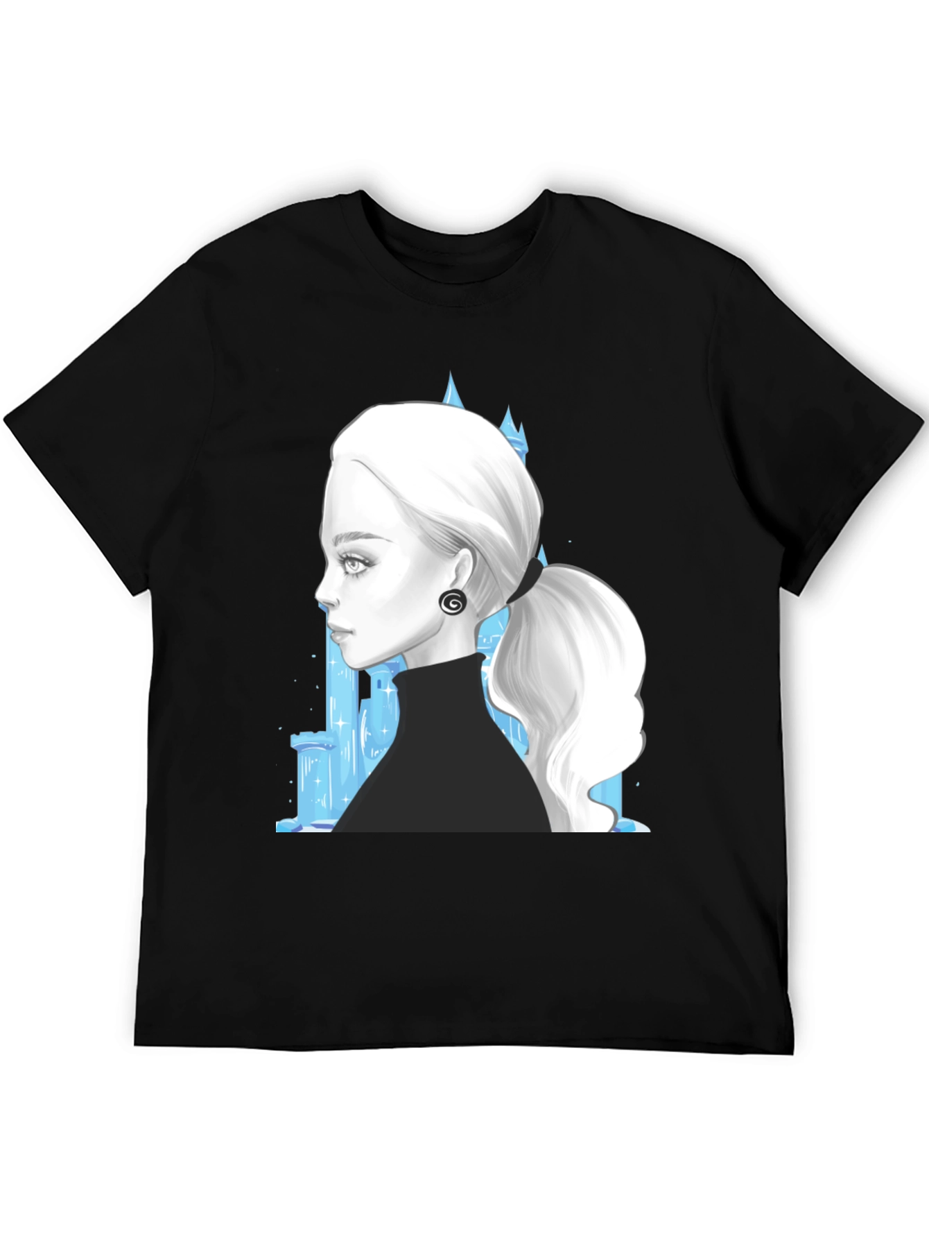Elegant Woman & Ice Castle Graphic Black T-Shirt