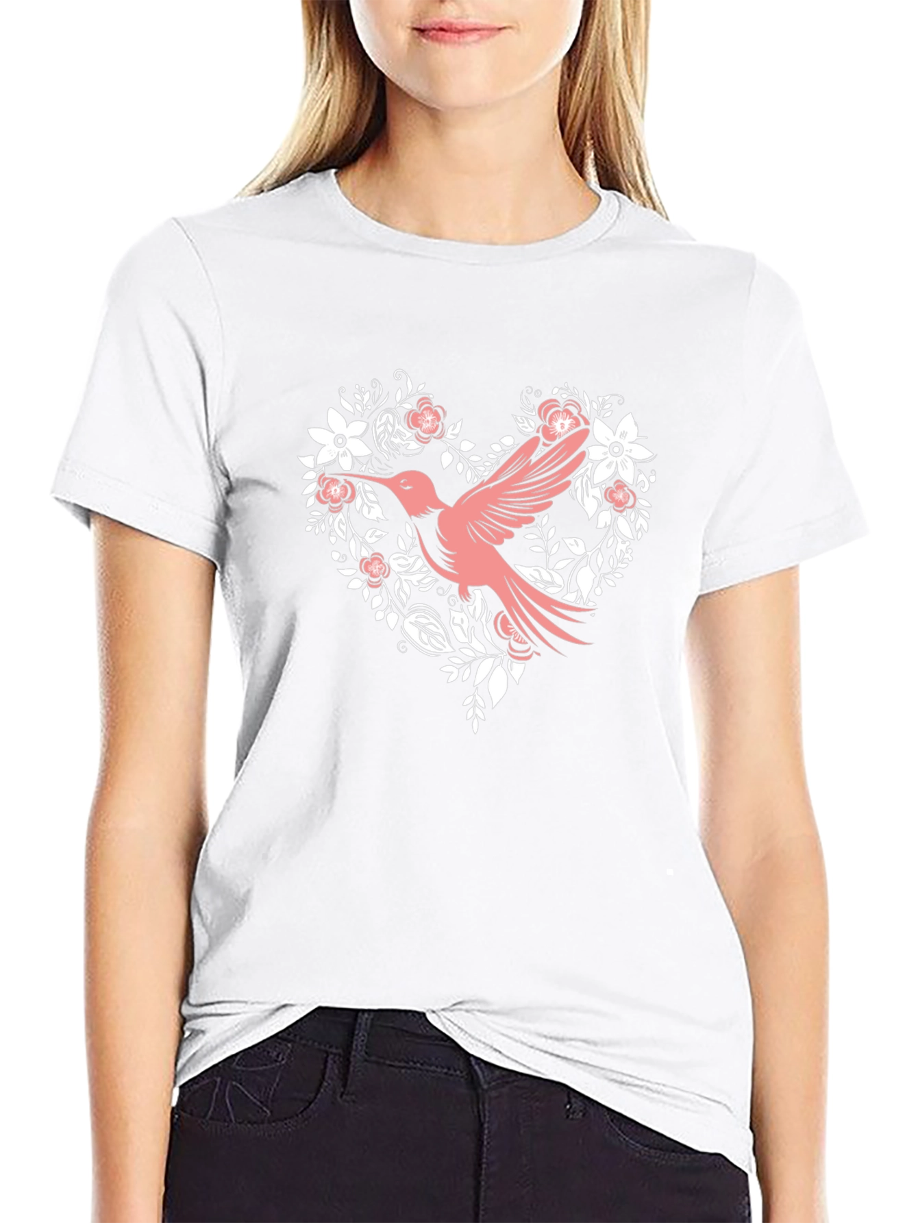 Hummingbird Floral Heart Black T-Shirt