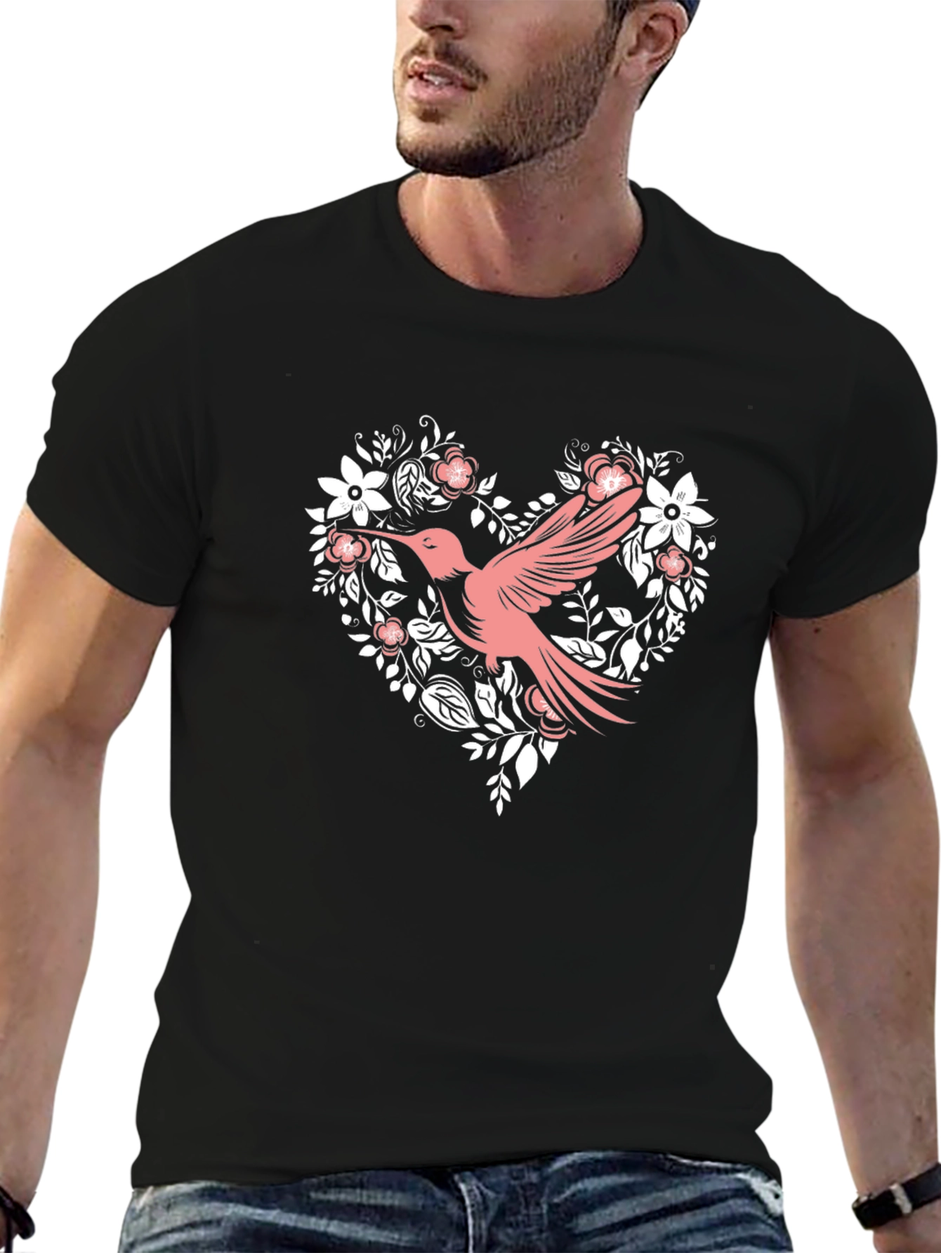 Hummingbird Floral Heart Black T-Shirt