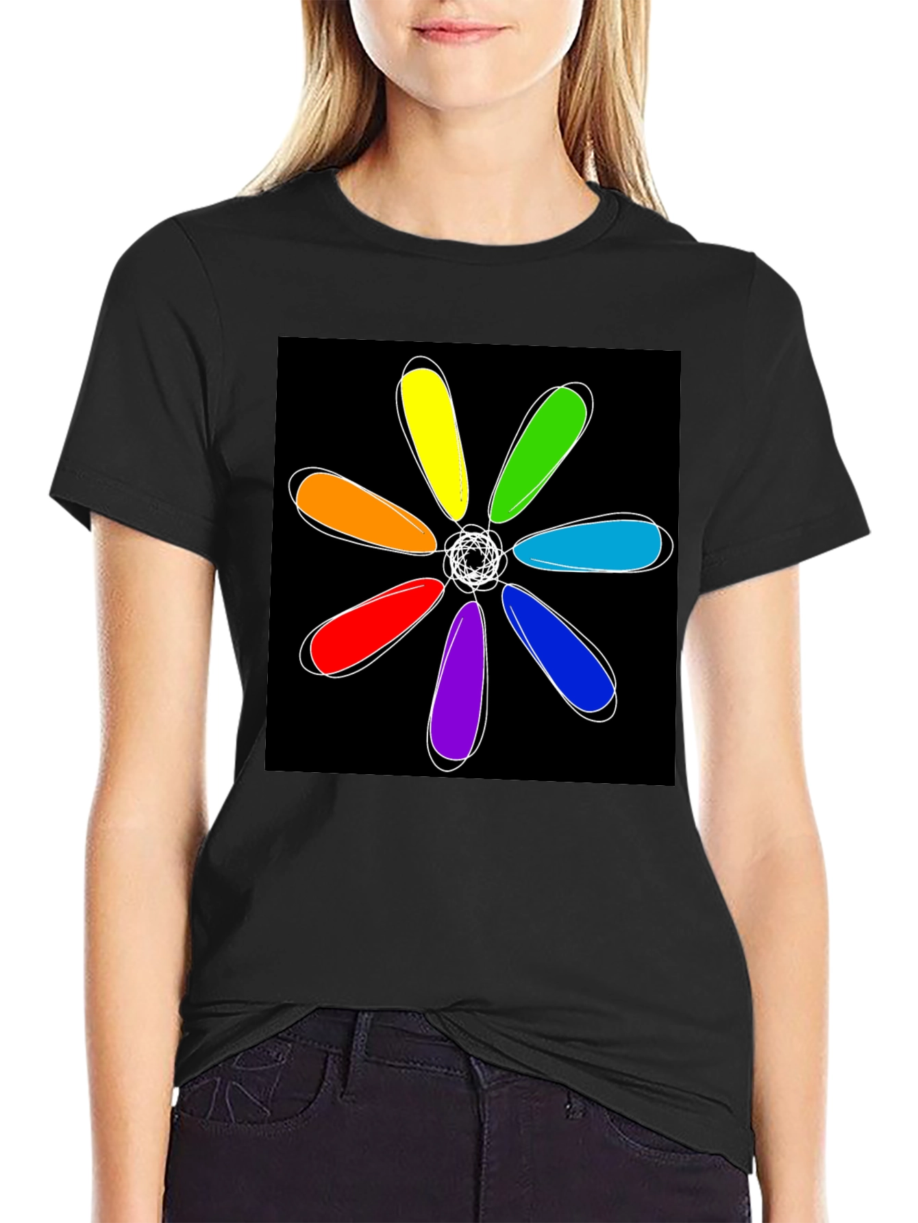 Rainbow Flower Graphic Black T-Shirt