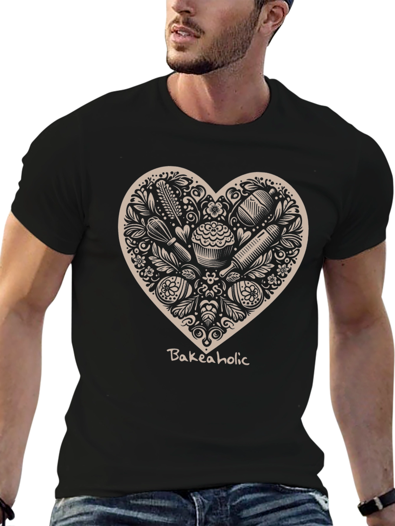 Bakeaholic Heart Graphic T-Shirt - Black