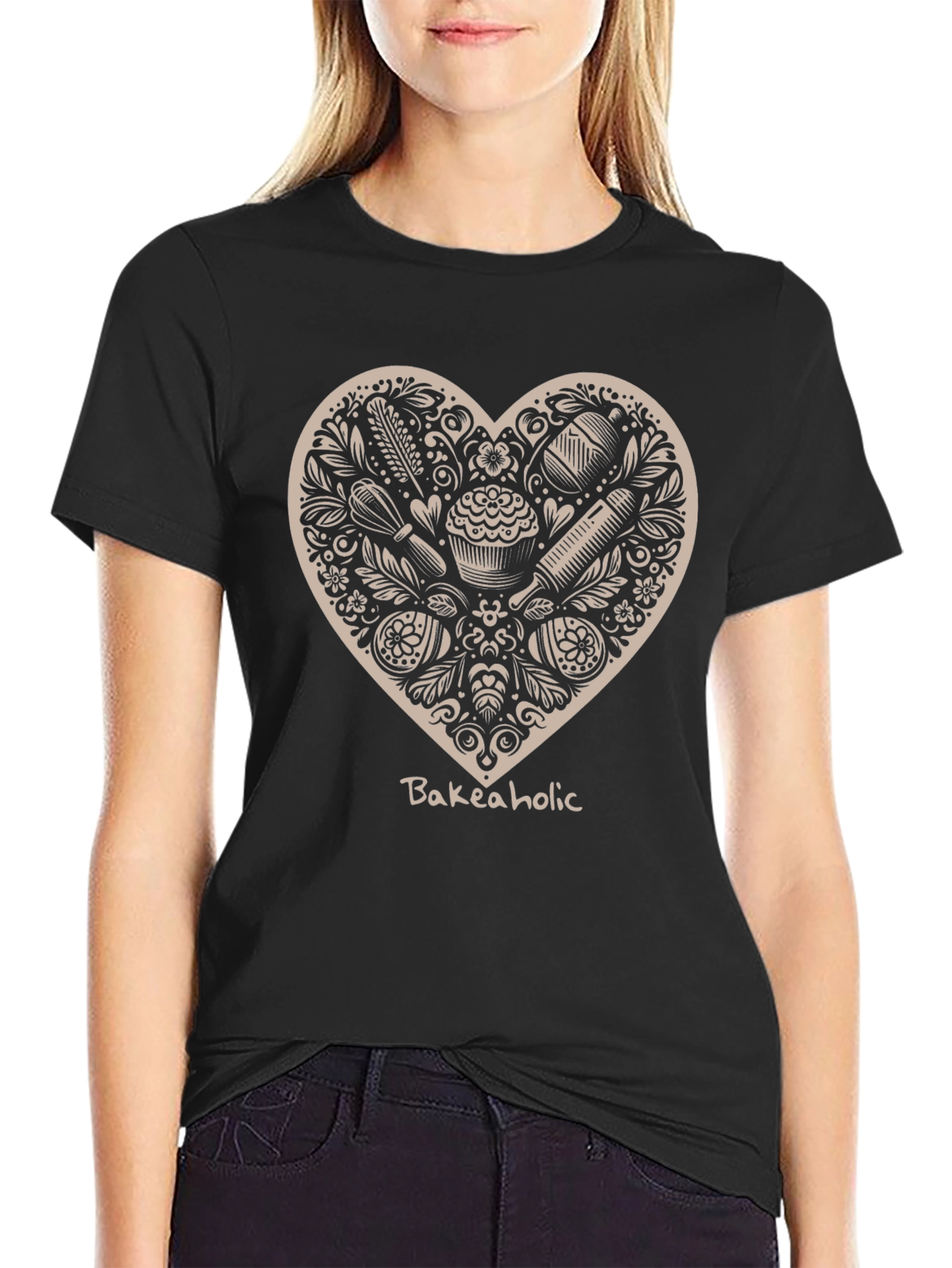 Bakeaholic Heart Graphic T-Shirt - Black