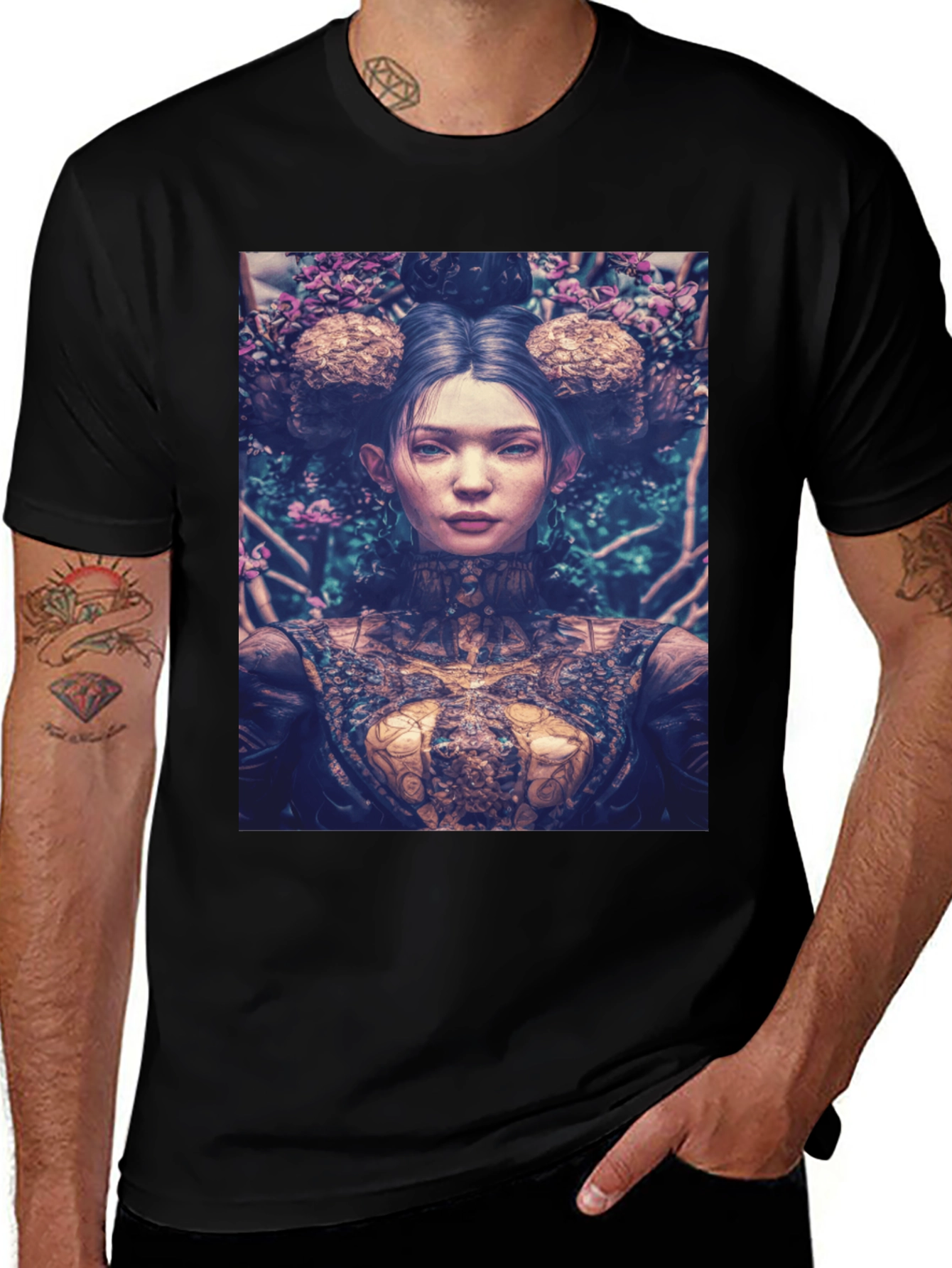 Artistic Floral Portrait Graphic Tee - Black