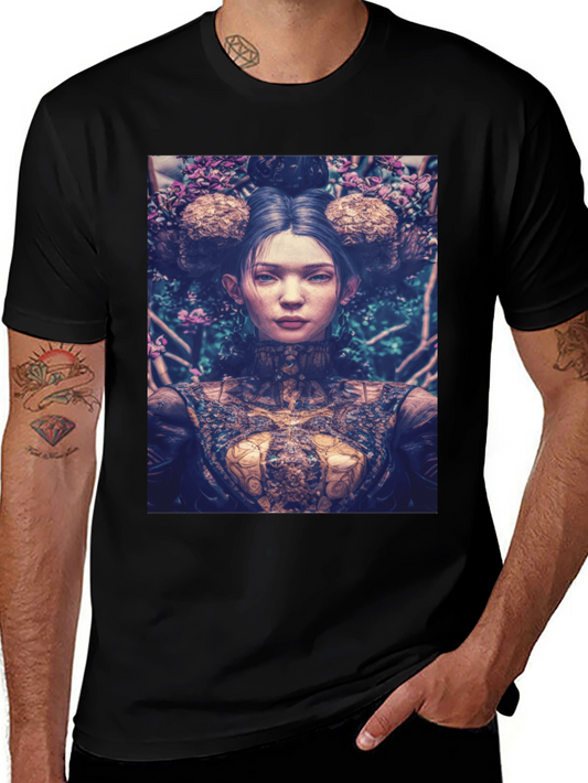 Artistic Floral Portrait Graphic Tee - Black