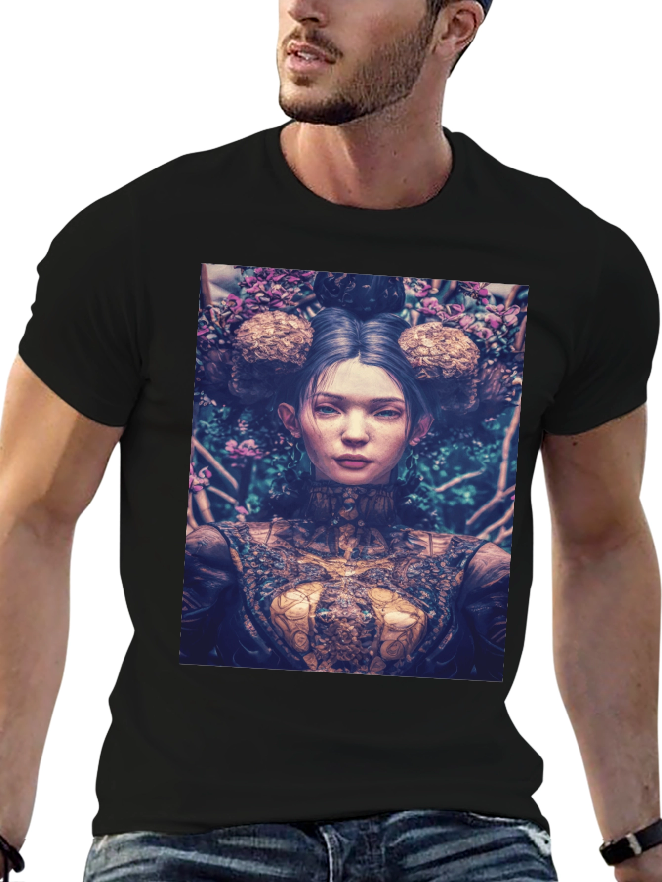Artistic Floral Portrait Graphic Tee - Black