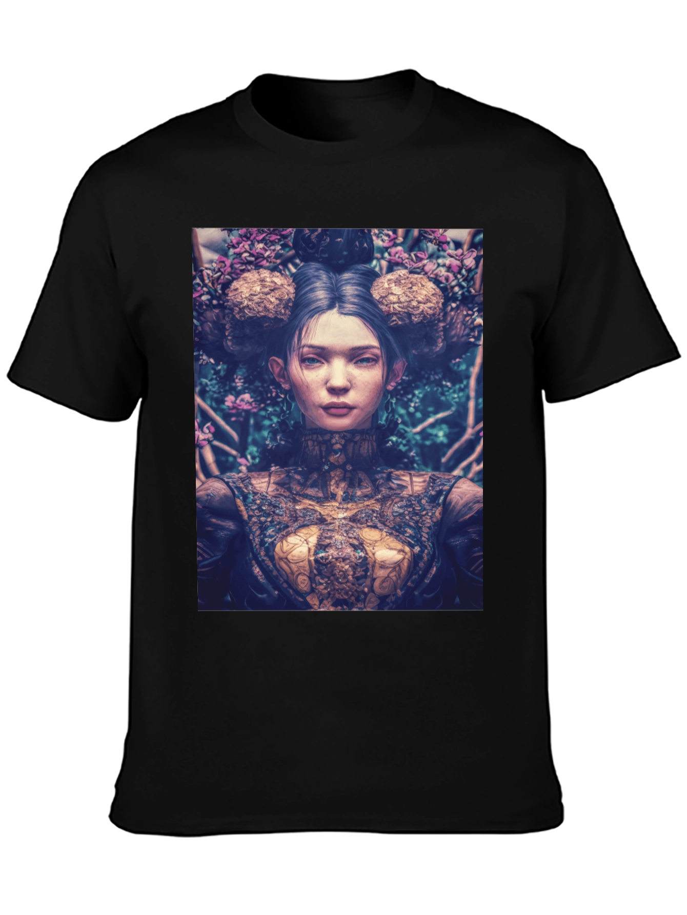 Artistic Floral Portrait Graphic Tee - Black