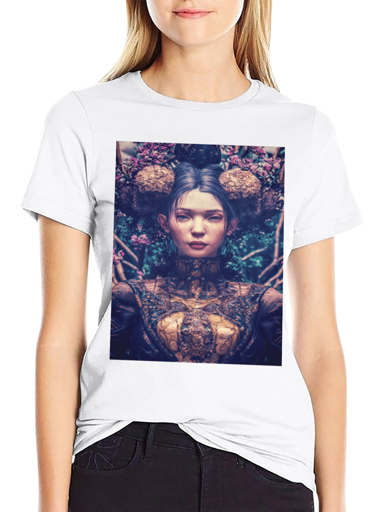 Artistic Floral Portrait Graphic Tee - Black