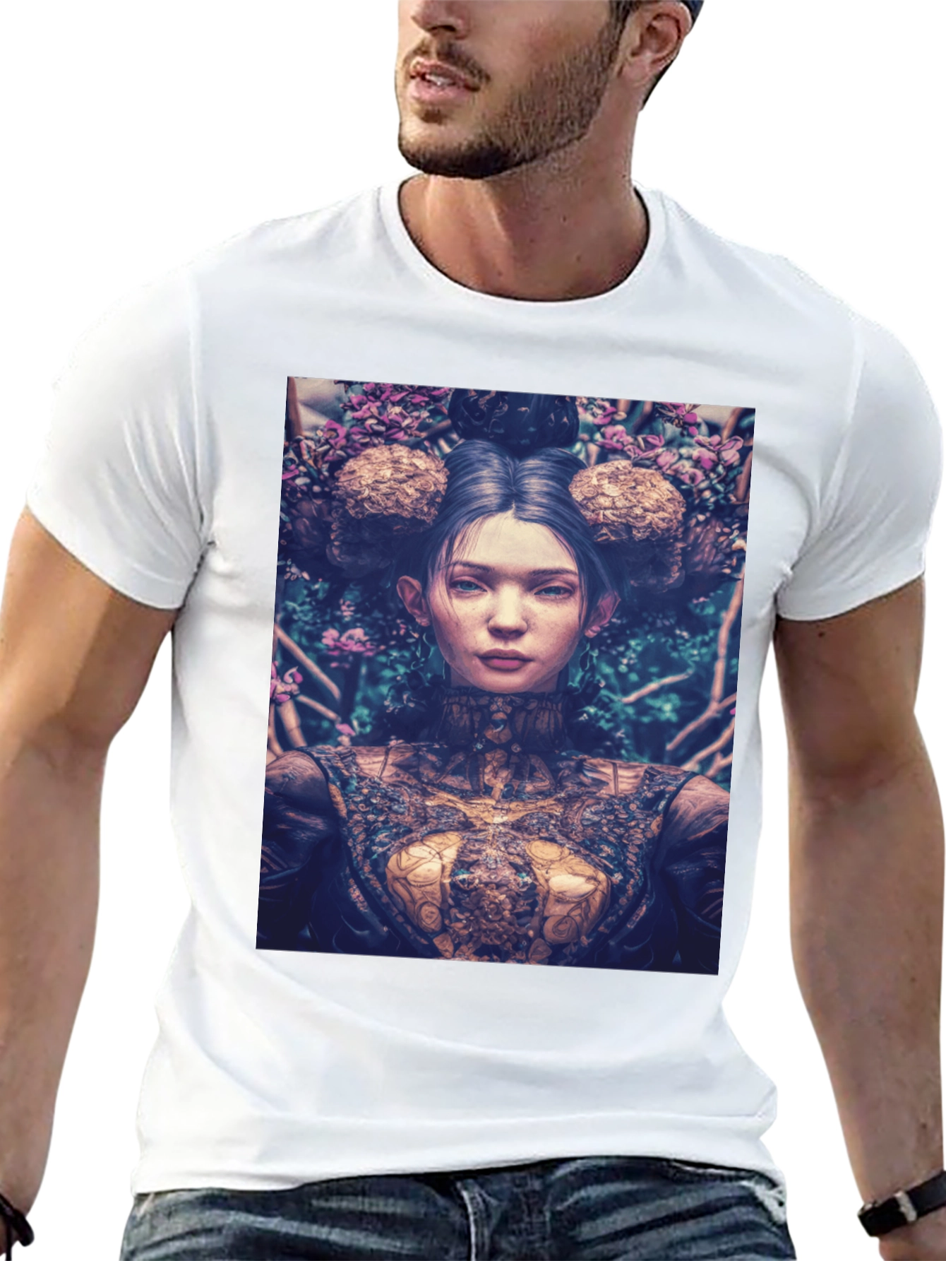Artistic Floral Portrait Graphic Tee - Black