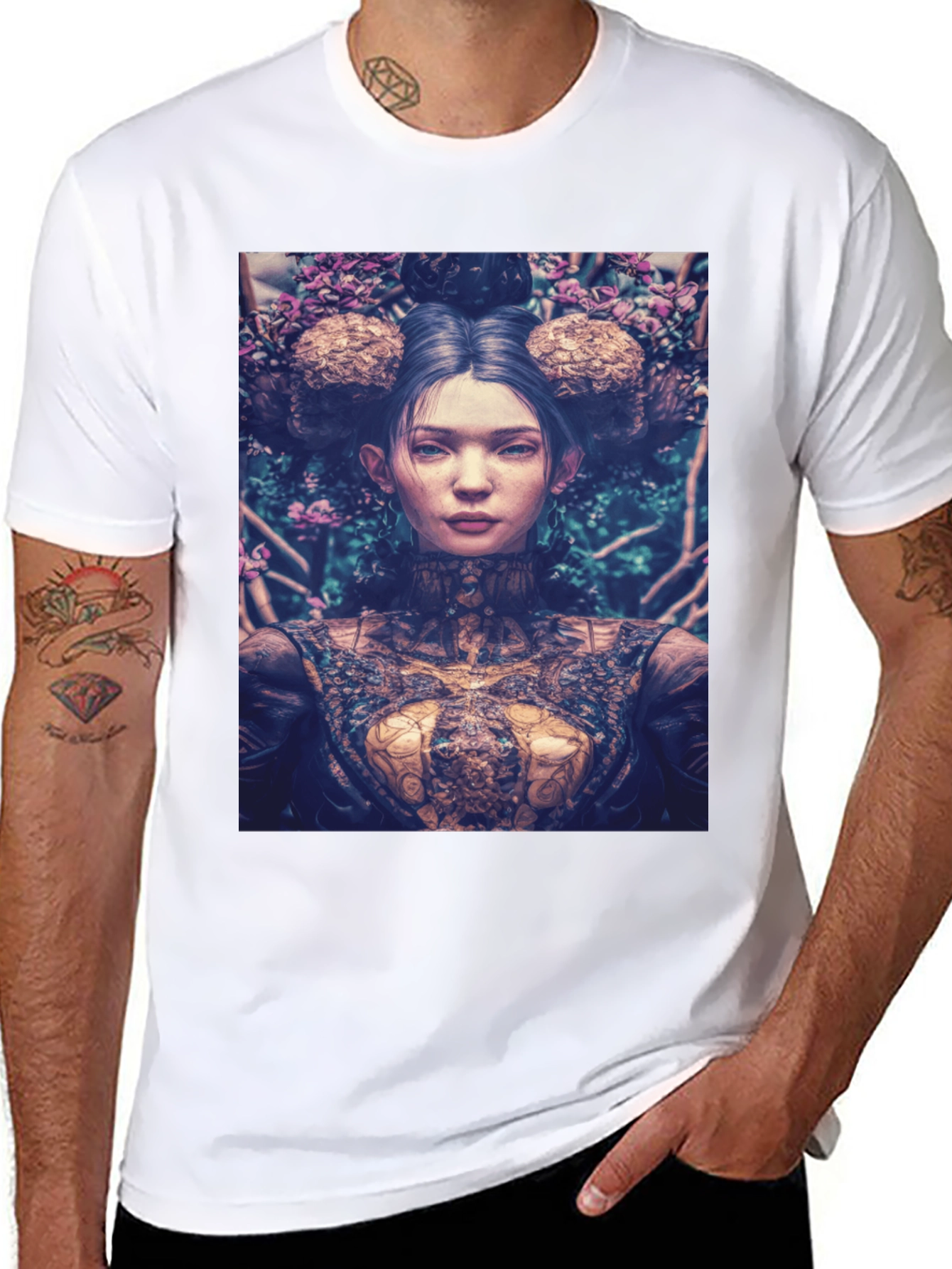 Artistic Floral Portrait Graphic Tee - Black
