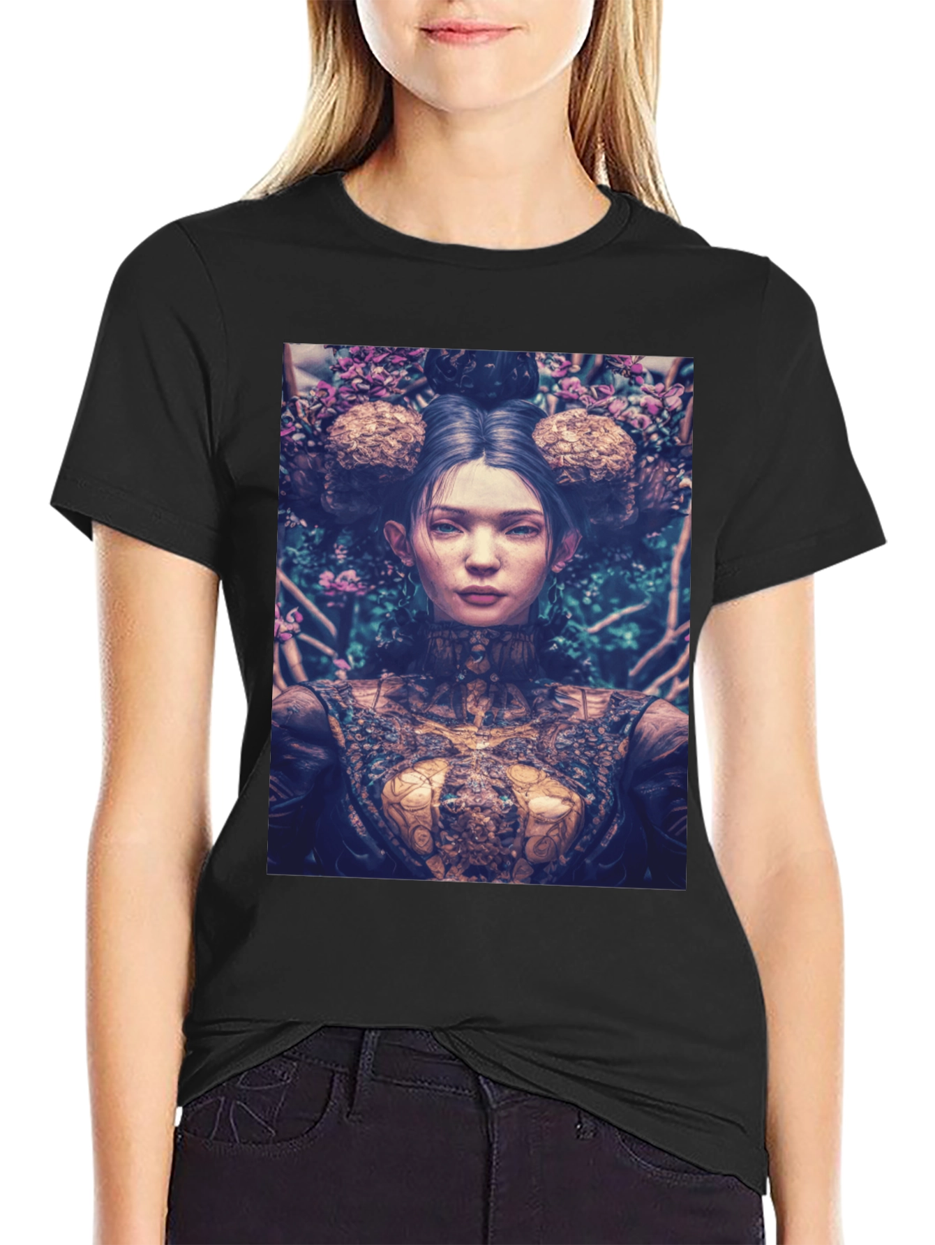 Artistic Floral Portrait Graphic Tee - Black