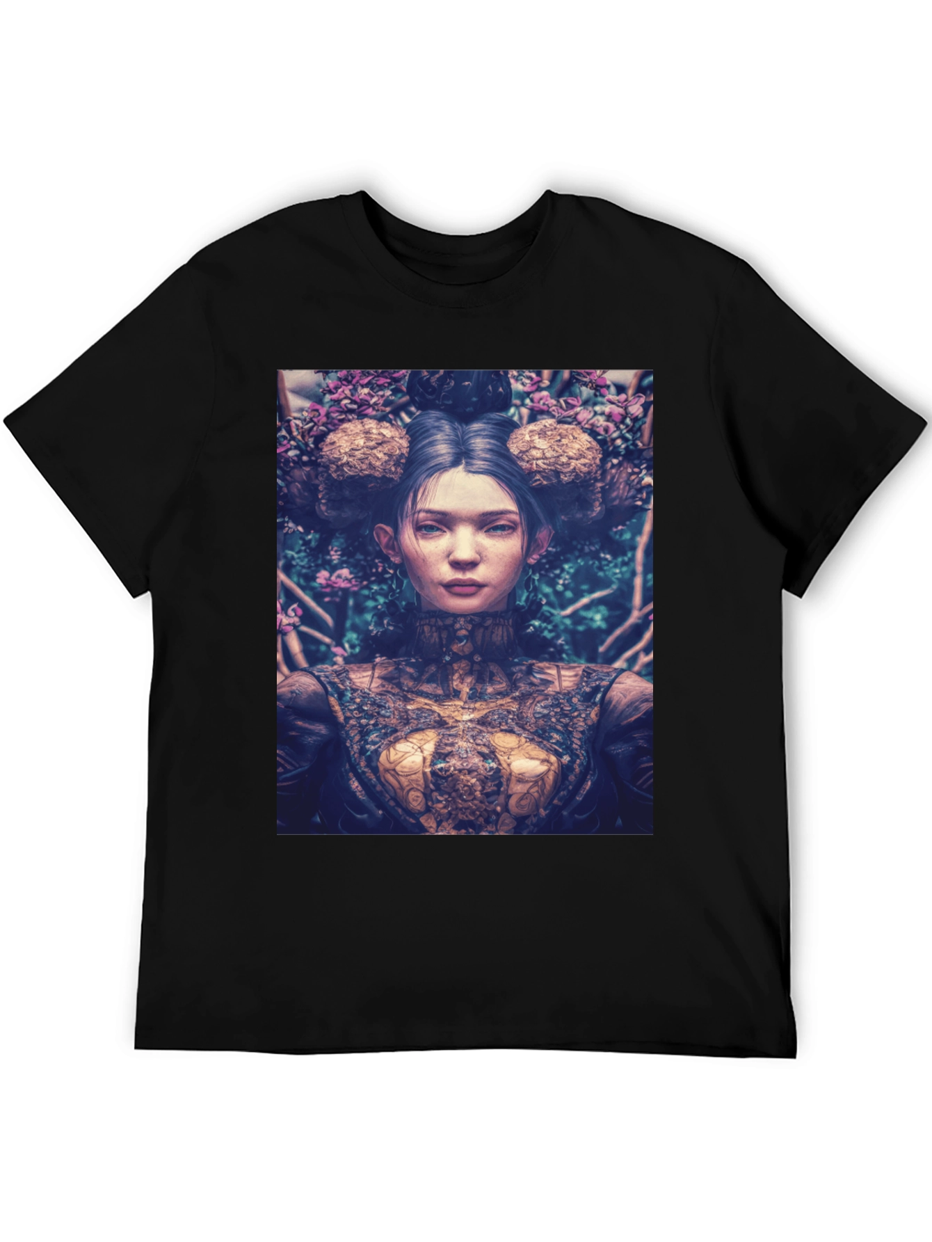 Artistic Floral Portrait Graphic Tee - Black