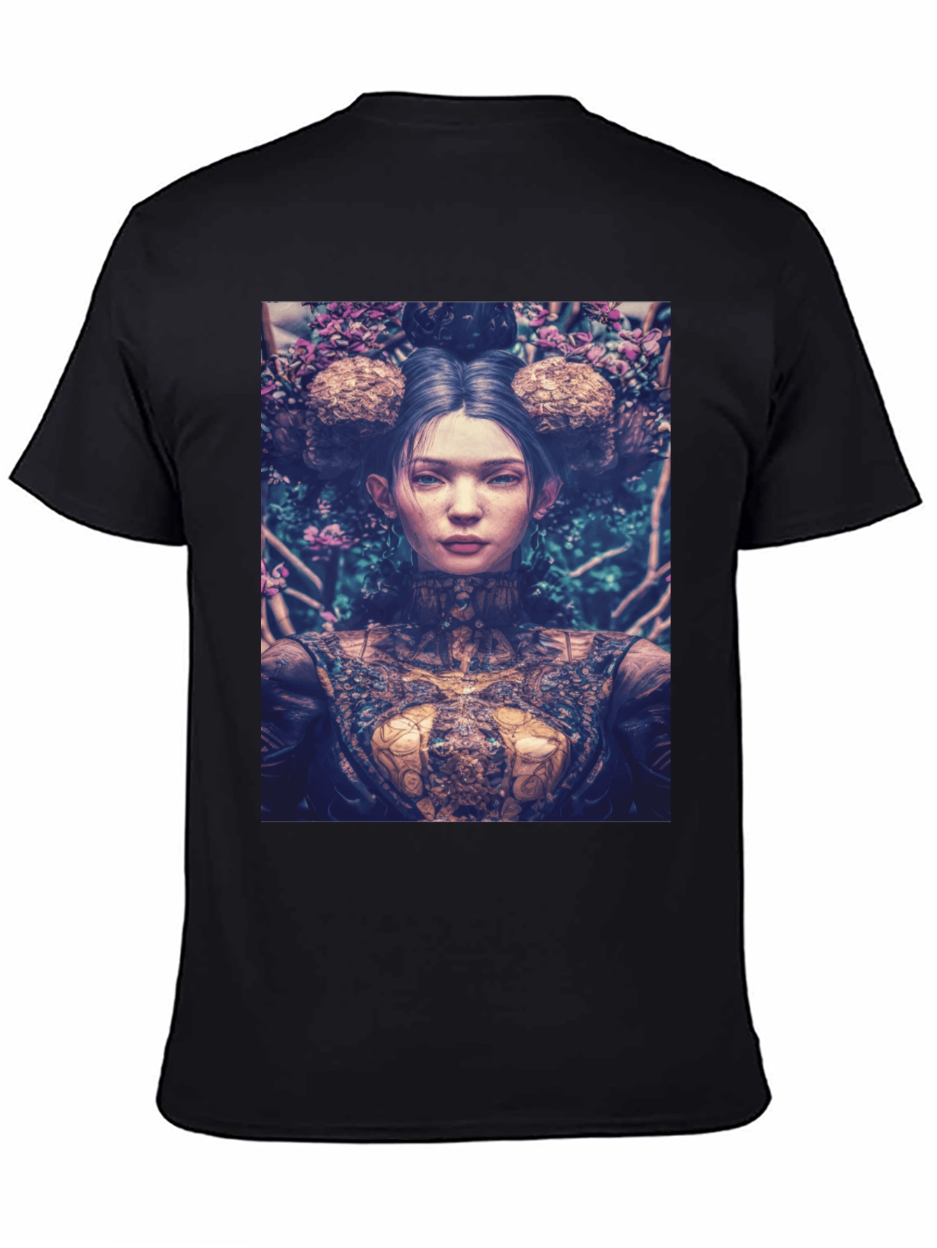 Artistic Floral Portrait Graphic Tee - Black