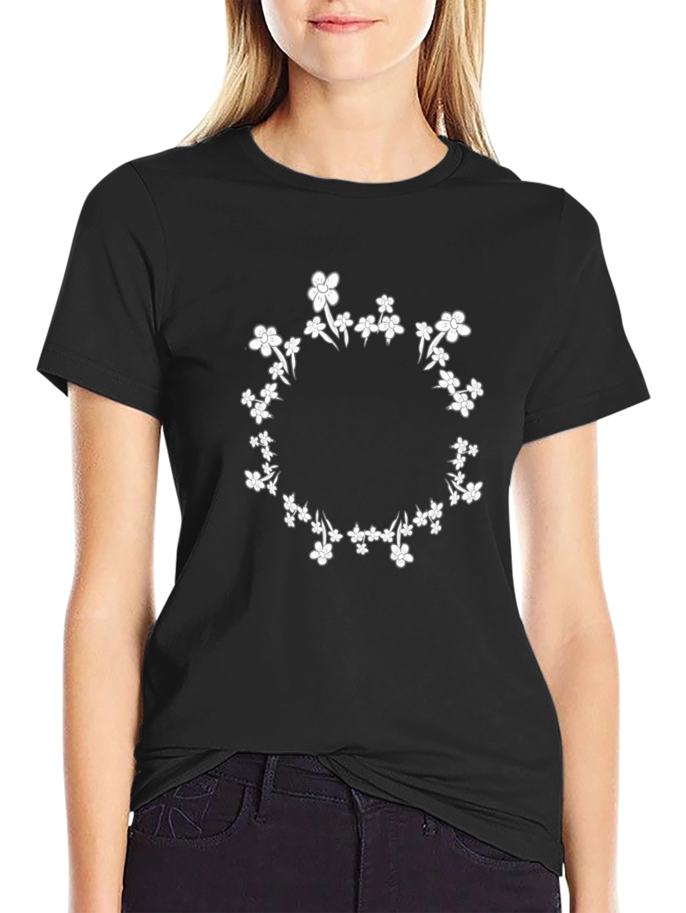 Floral Wreath Graphic Tee - Stylish Black T-Shirt