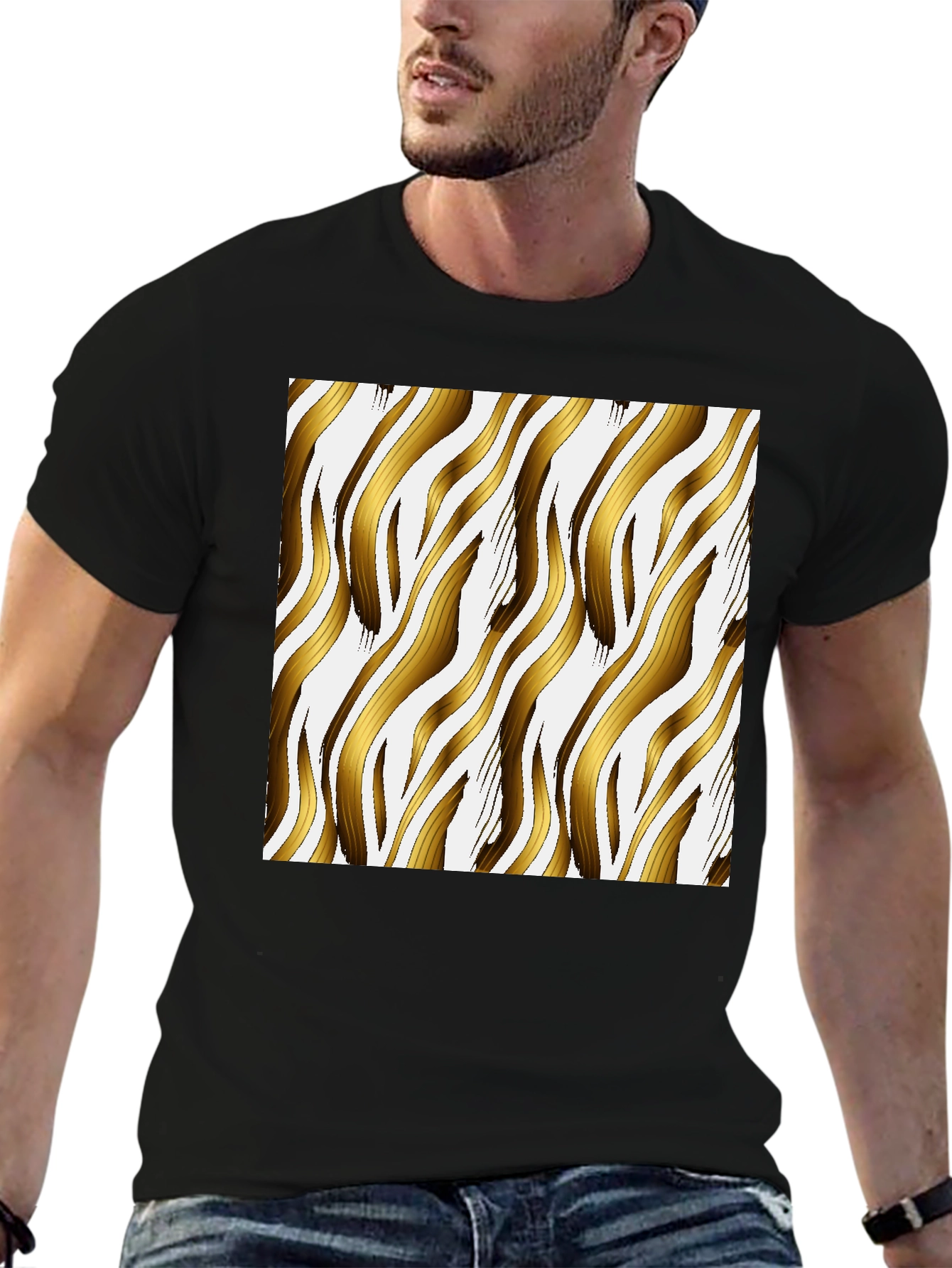Gold Zebra Striped Graphic Print Black T-Shirt