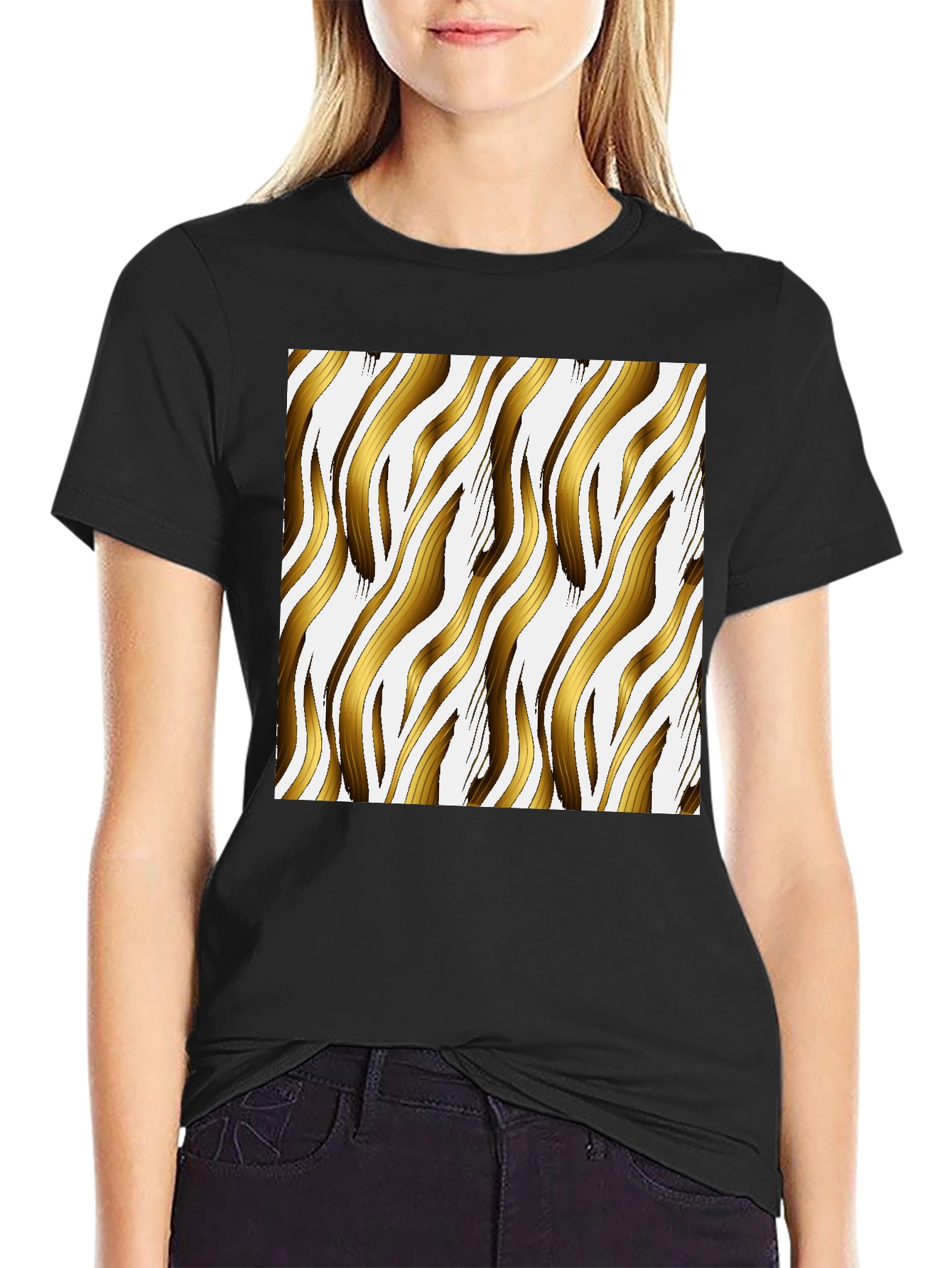 Gold Zebra Striped Graphic Print Black T-Shirt