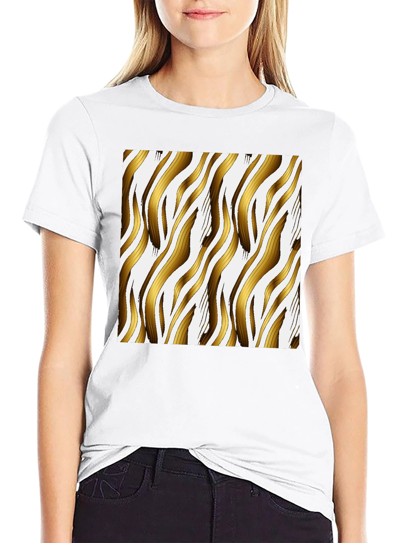 Gold Zebra Striped Graphic Print Black T-Shirt
