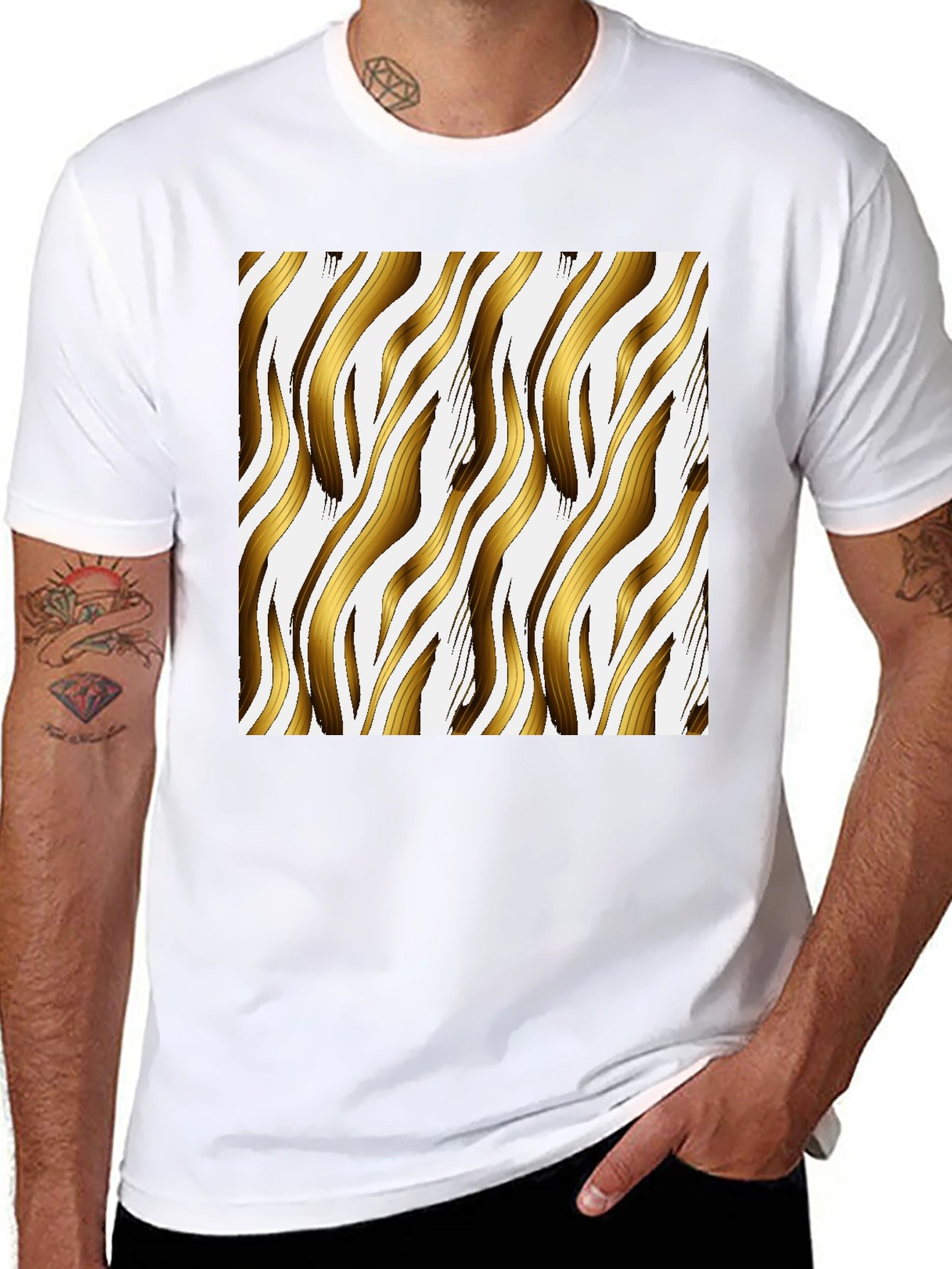 Gold Zebra Striped Graphic Print Black T-Shirt