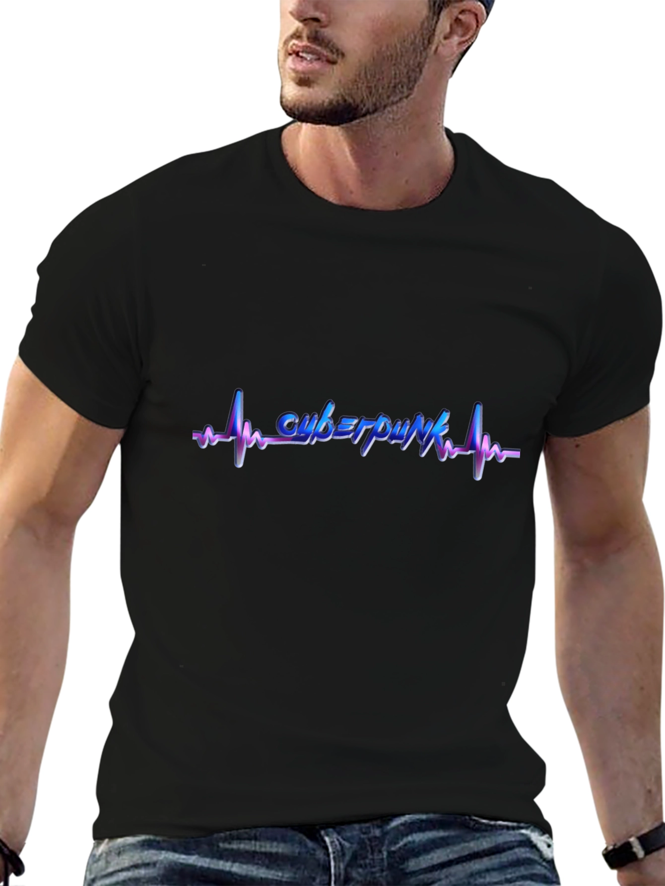 Cyberpunk Heartbeat Graphic Tee - Black Cotton Blend
