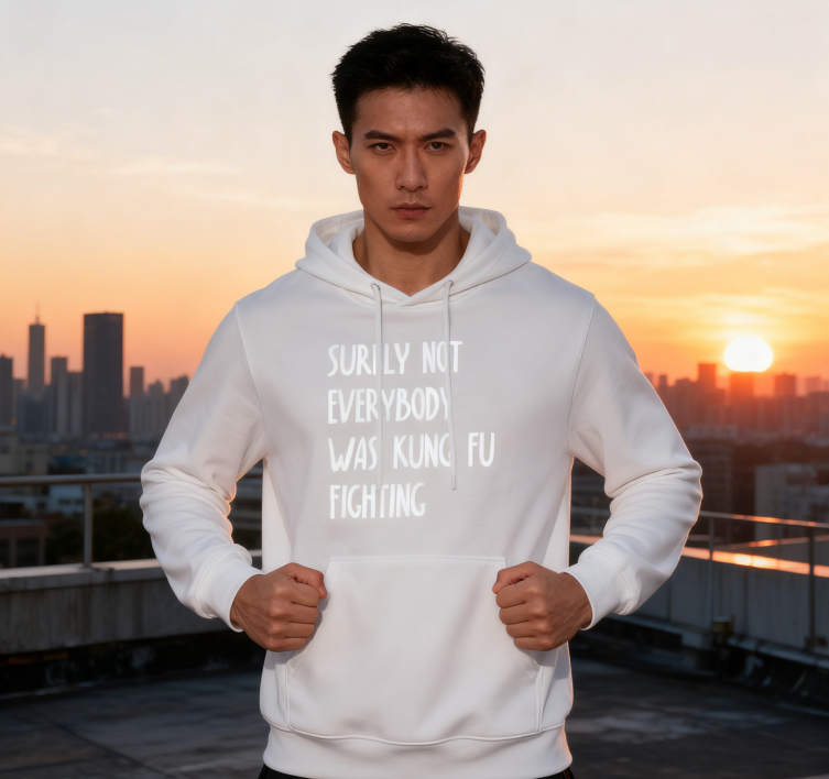 Surely Not Everybody Was Kung Fu Fighting" Graphic Hoodie - Unisex Retro Casual Pullover (Black & White)