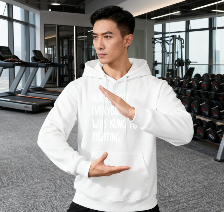 Surely Not Everybody Was Kung Fu Fighting" Graphic Hoodie - Unisex Retro Casual Pullover (Black & White)