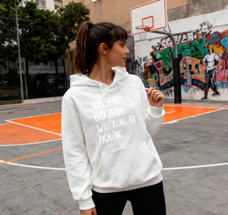 Surely Not Everybody Was Kung Fu Fighting" Graphic Hoodie - Unisex Retro Casual Pullover (Black & White)