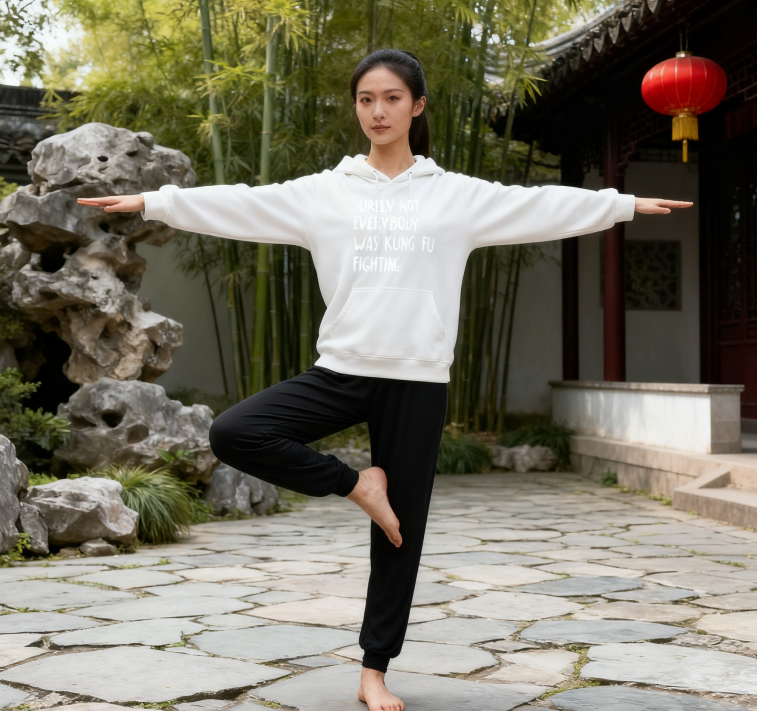 Surely Not Everybody Was Kung Fu Fighting" Graphic Hoodie - Unisex Retro Casual Pullover (Black & White)