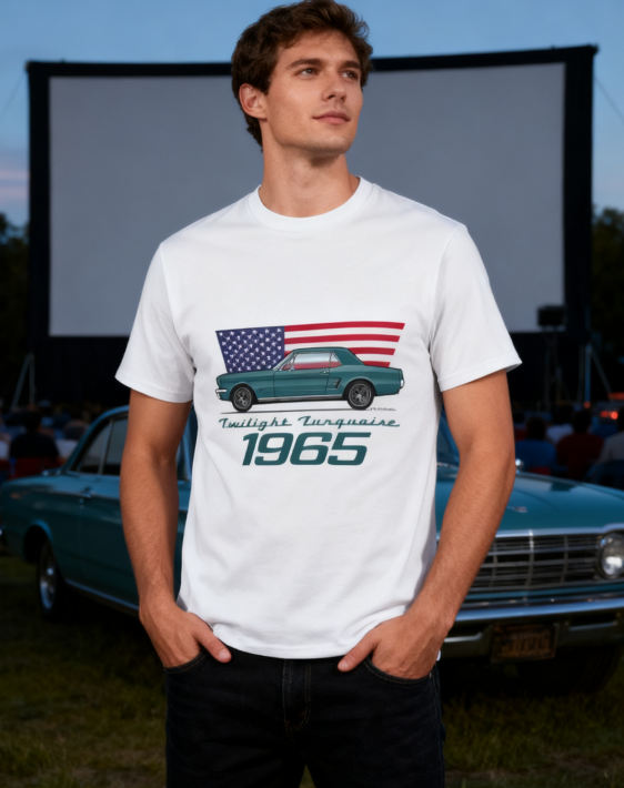 1965 Twilight Turquoise Retro Car & USA Flag T-Shirt - 100% Cotton, Classic Auto Enthusiast Tee for Car Shows & Daily Occasions