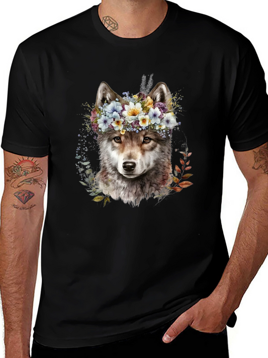 Wolf Floral Crown Graphic Tee - Unisex Black T-Shirt