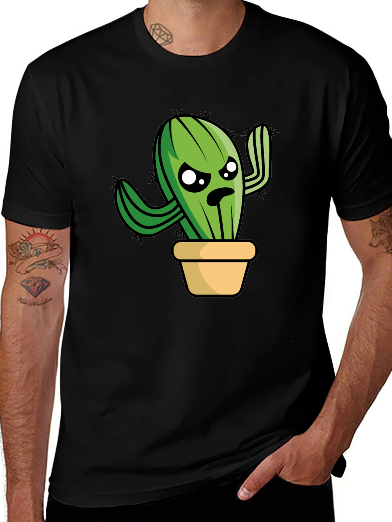Funny Grumpy Cactus in Pot Graphic T-Shirt