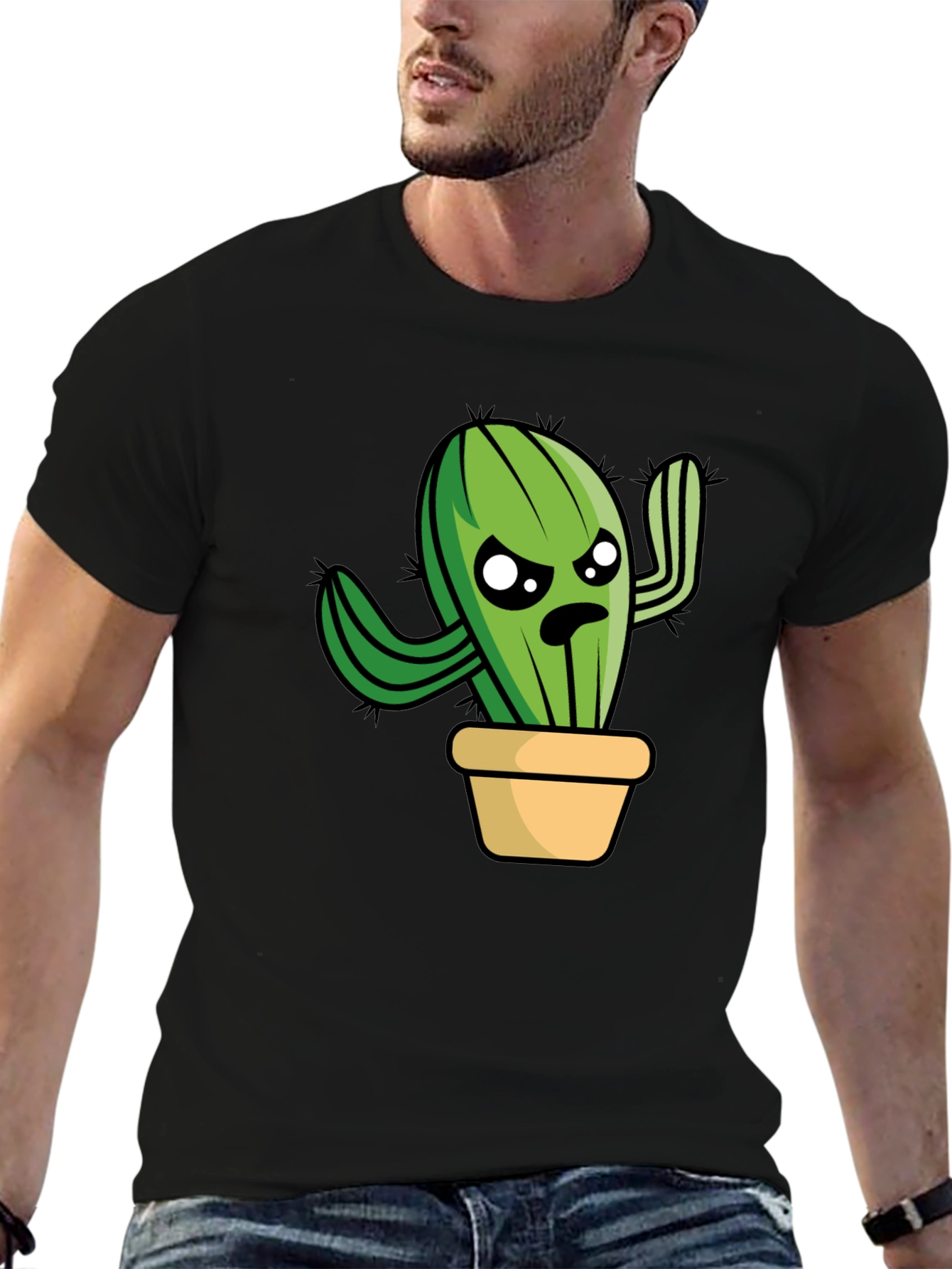Funny Grumpy Cactus in Pot Graphic T-Shirt