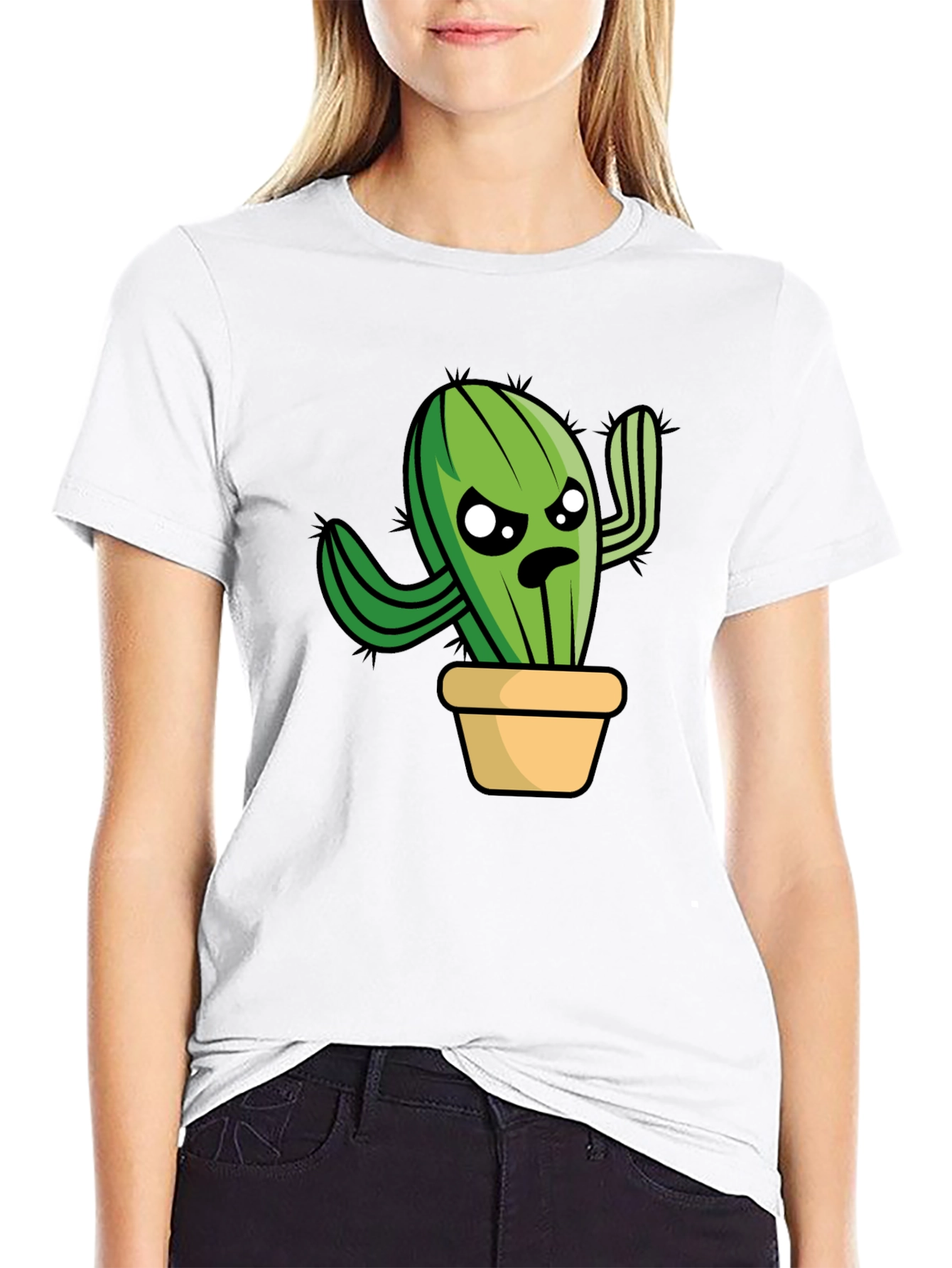 Funny Grumpy Cactus in Pot Graphic T-Shirt