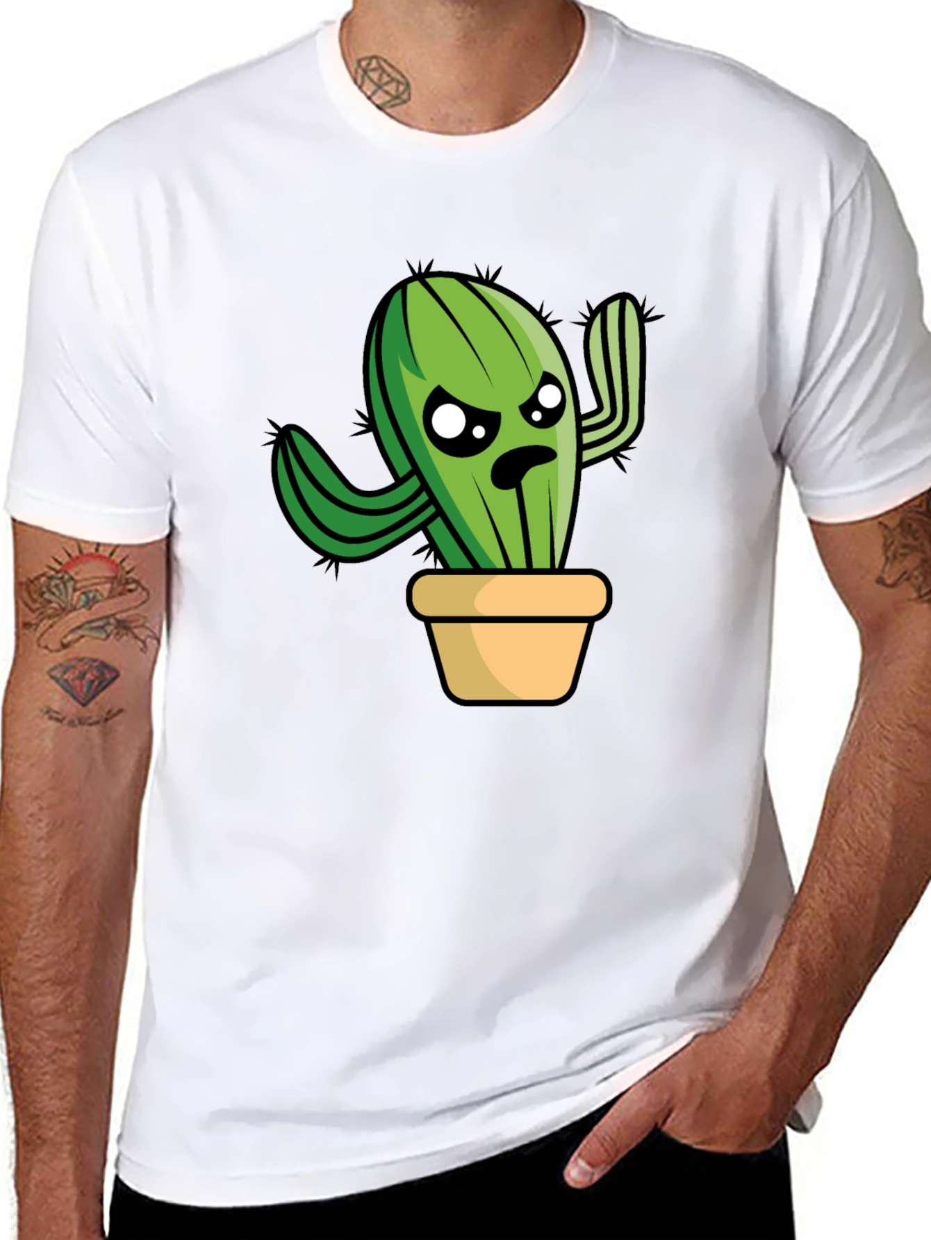 Funny Grumpy Cactus in Pot Graphic T-Shirt