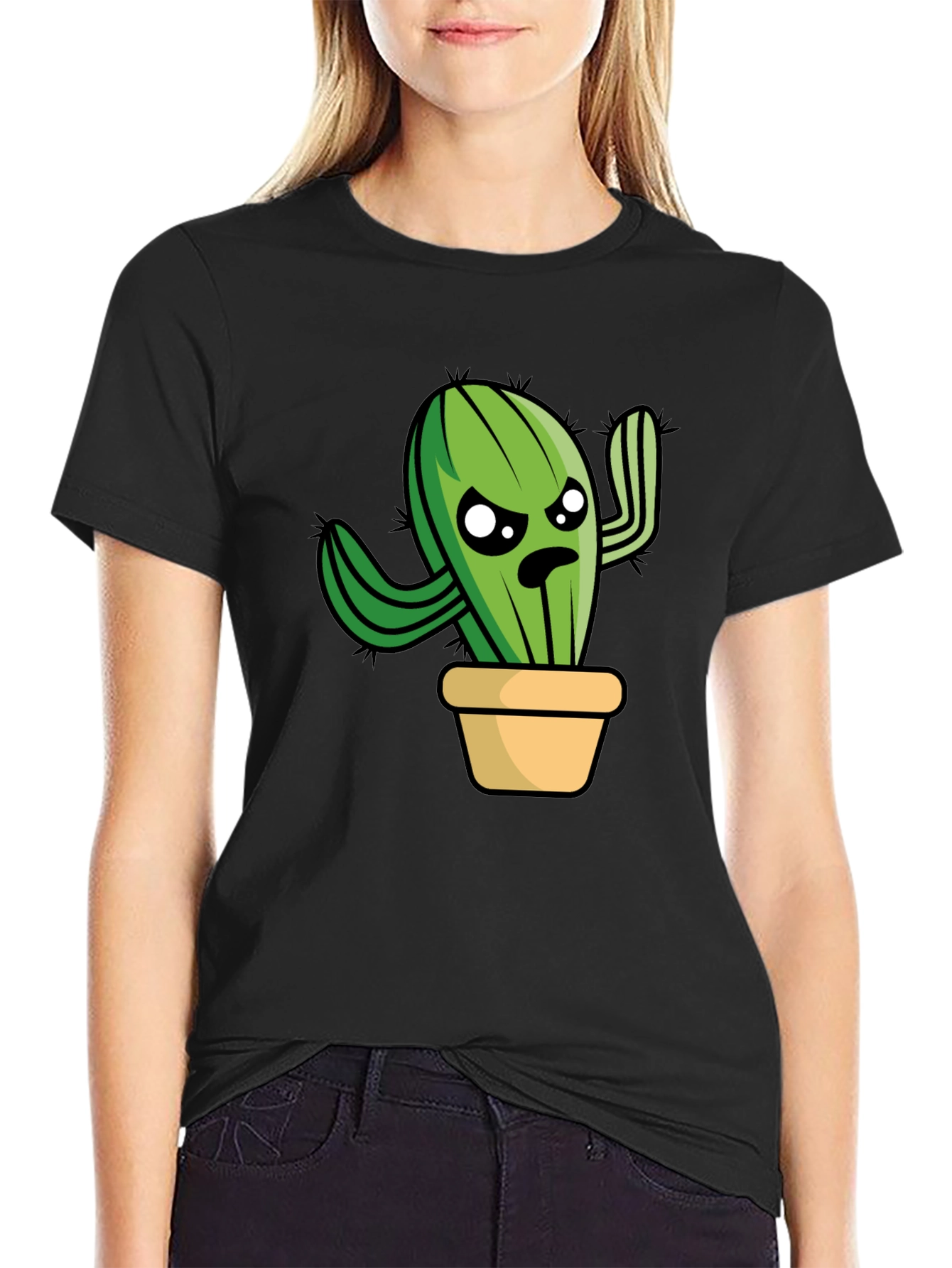 Funny Grumpy Cactus in Pot Graphic T-Shirt
