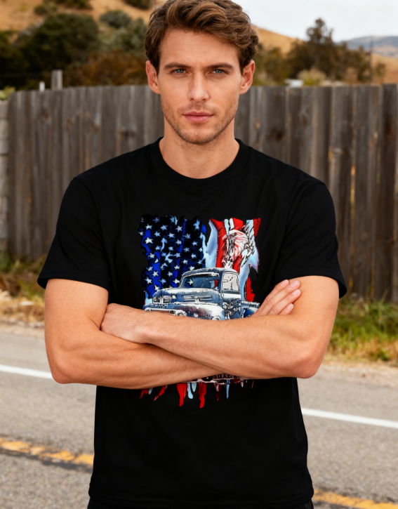 American Vintage Truck & USA Flag T-Shirt - 100% Cotton, Retro Auto Enthusiast Tee for Daily & Outdoor Occasions