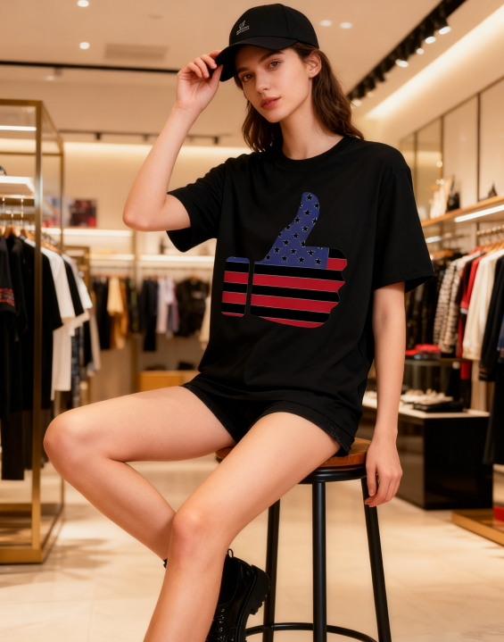 American Flag Thumbs Up Graphic T-Shirt - Trendy Patriotic Casual Tee