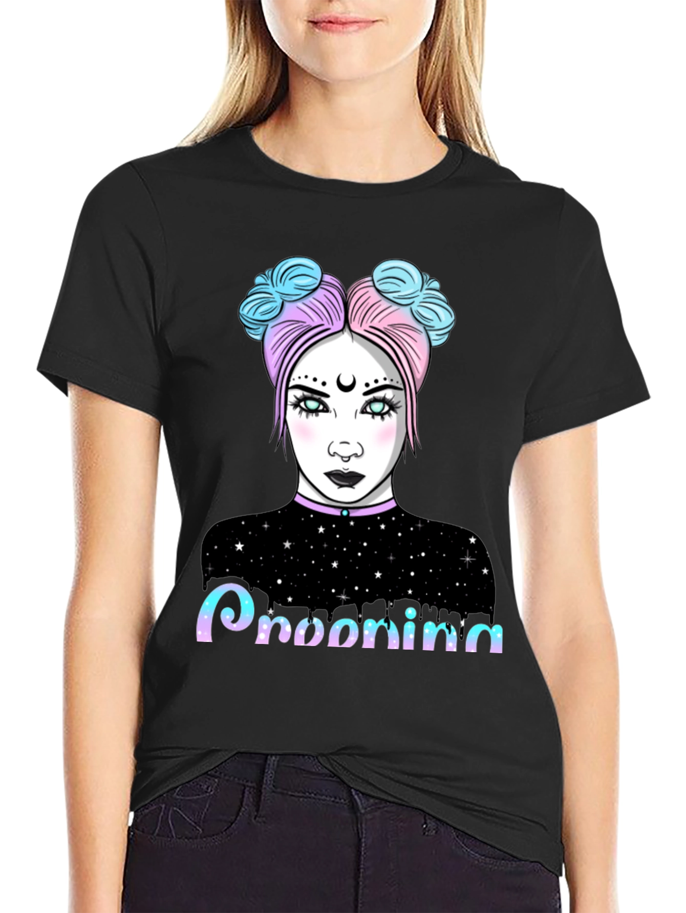 Pastel Goth Girl Graphic Tee - Midnight Starry Design