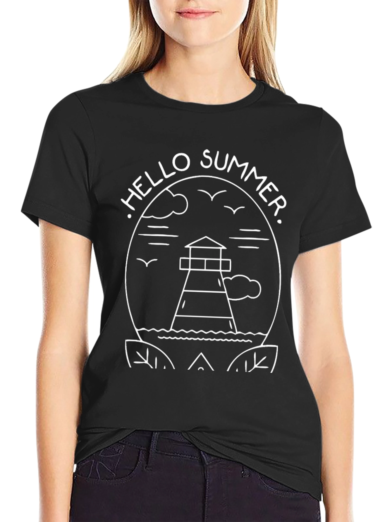 Hello Summer Lighthouse Graphic Tee - Black