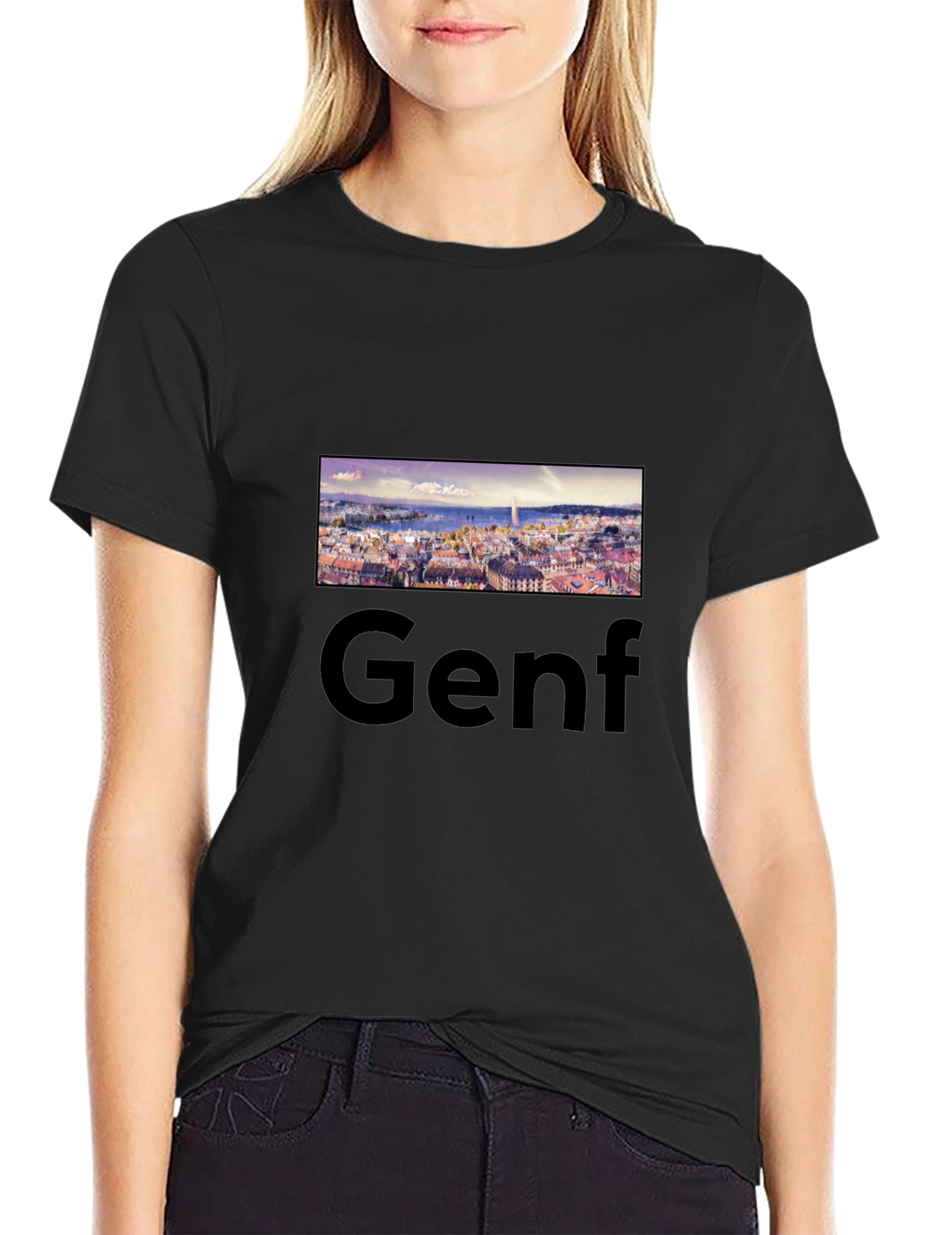 Geneva Skyline Black Tee - Cityscape T-Shirt