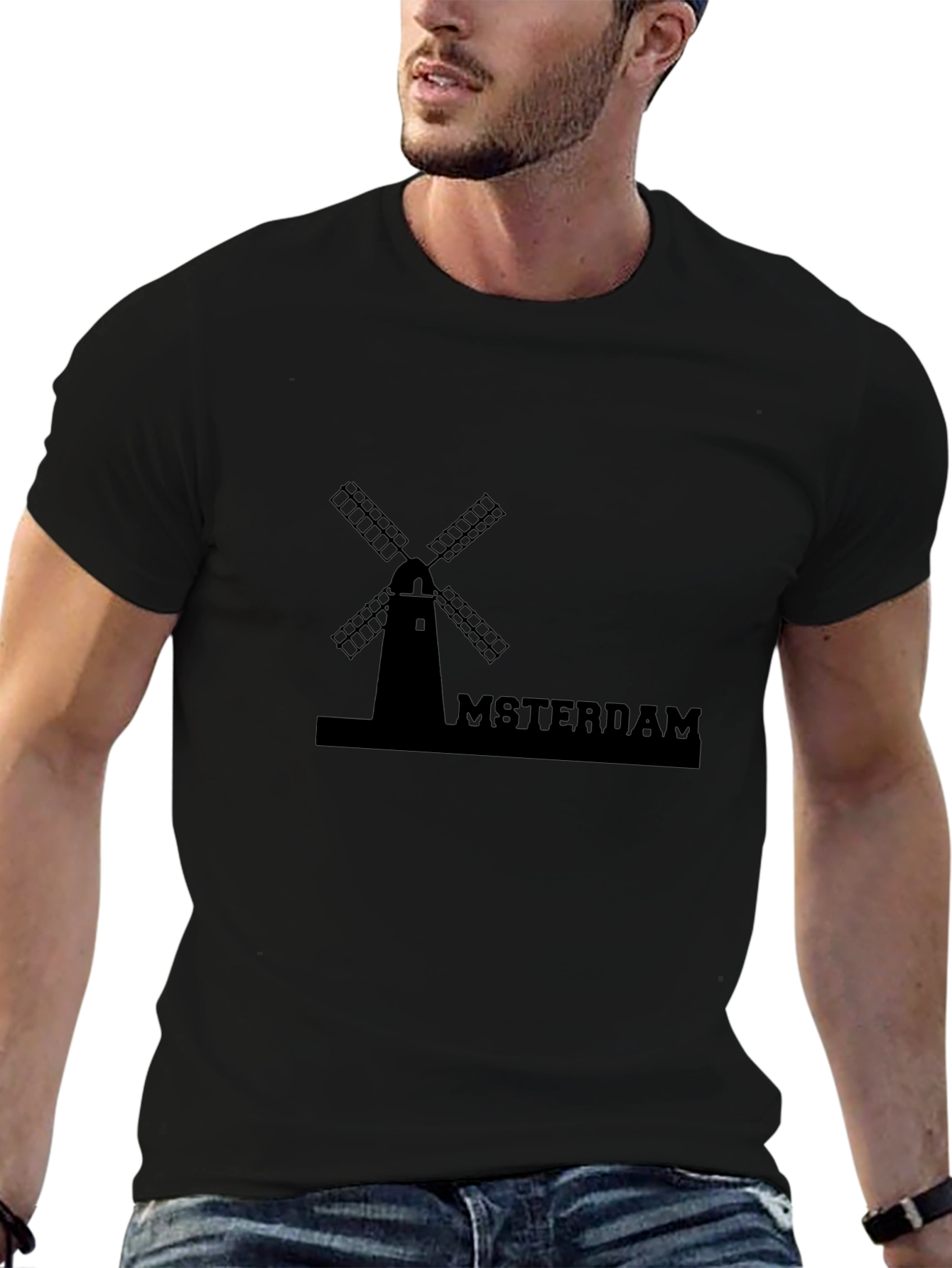 Amsterdam Windmill Graphic Tee - Black Cotton T-Shirt