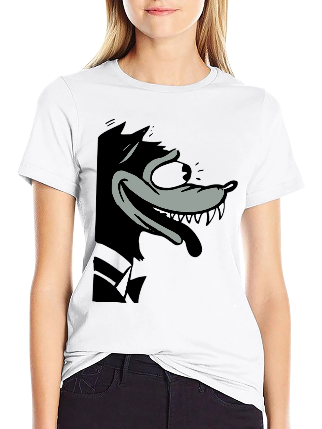 Cartoon Wolf Graphic Tee - Classic Black