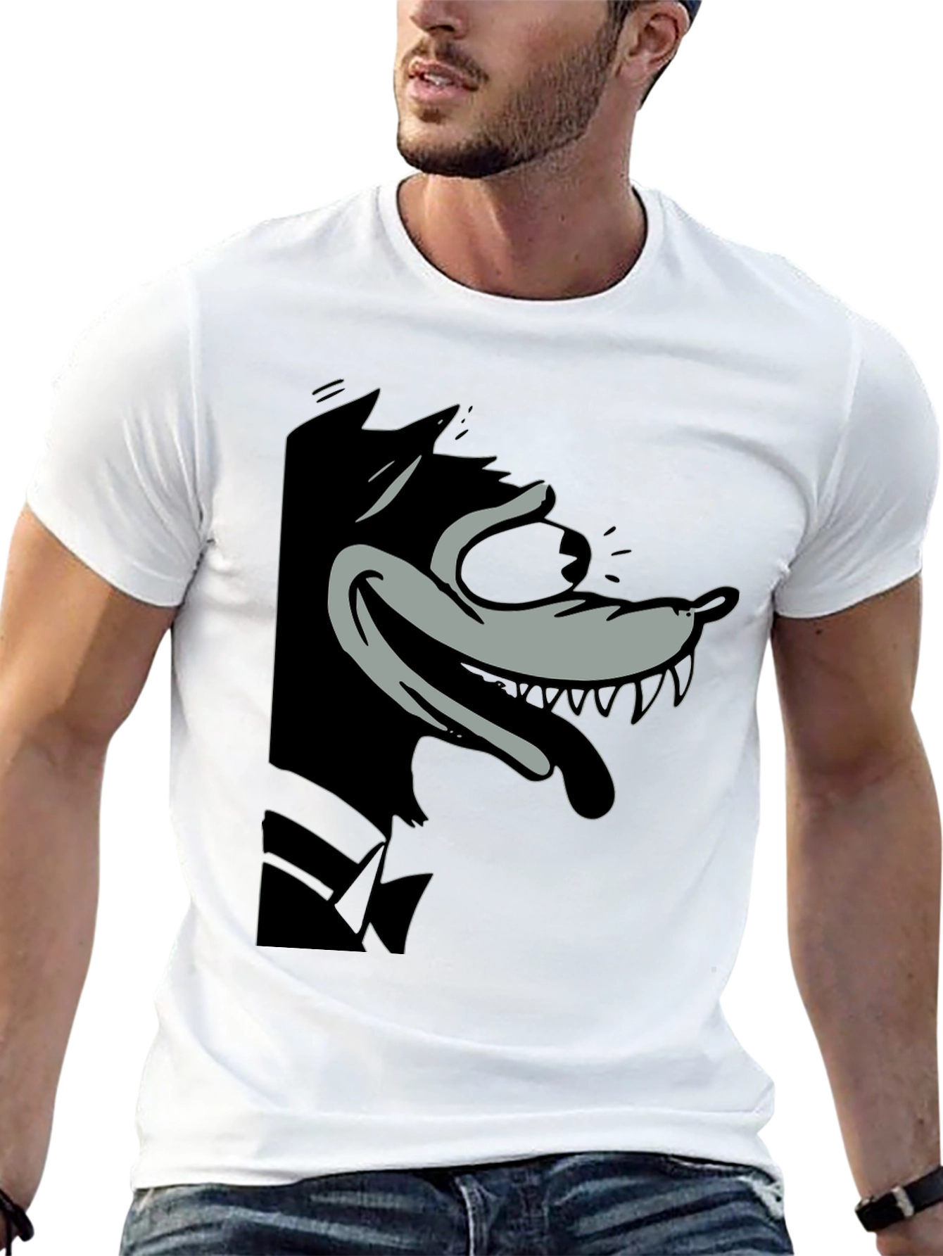 Cartoon Wolf Graphic Tee - Classic Black