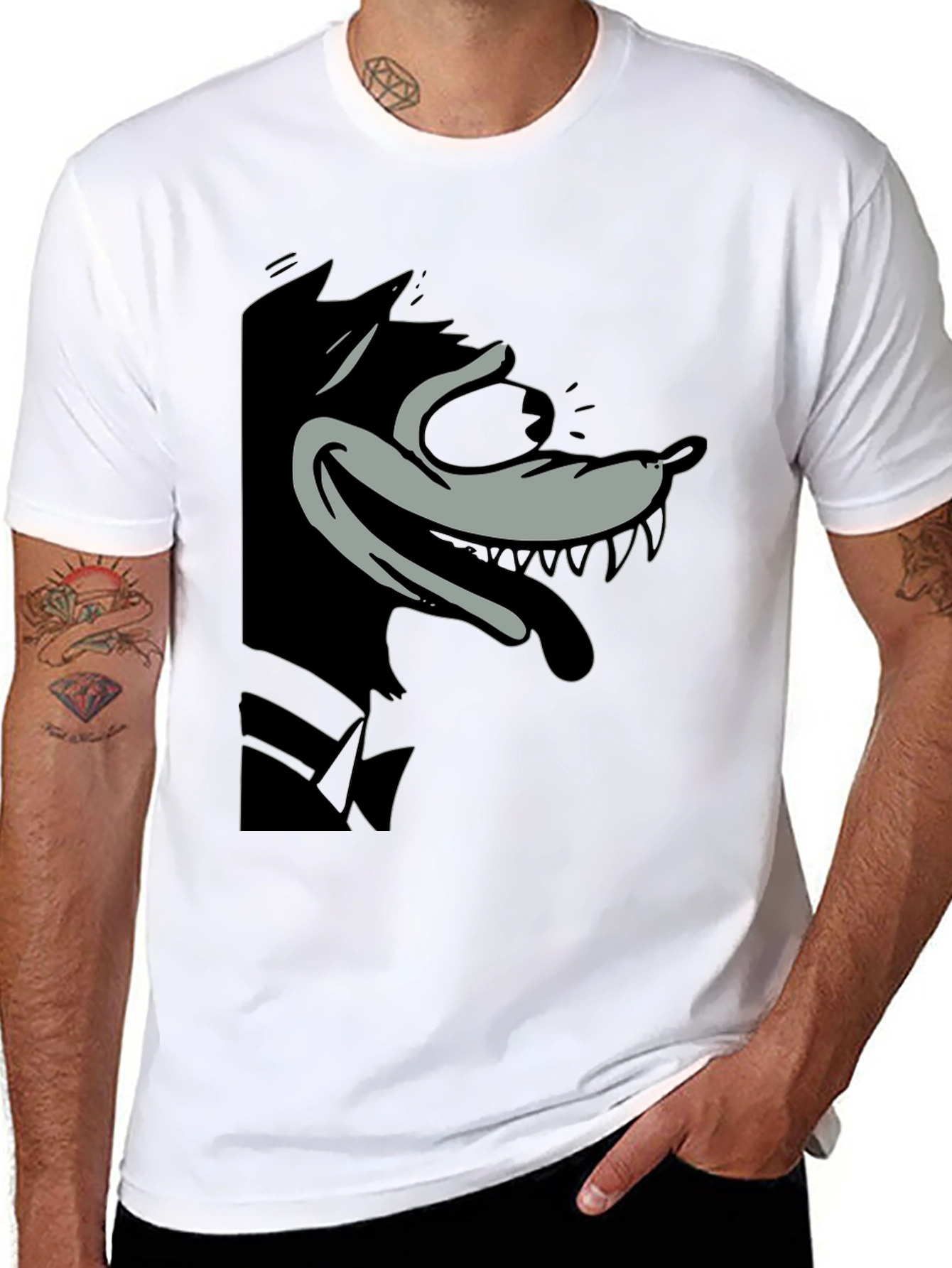 Cartoon Wolf Graphic Tee - Classic Black