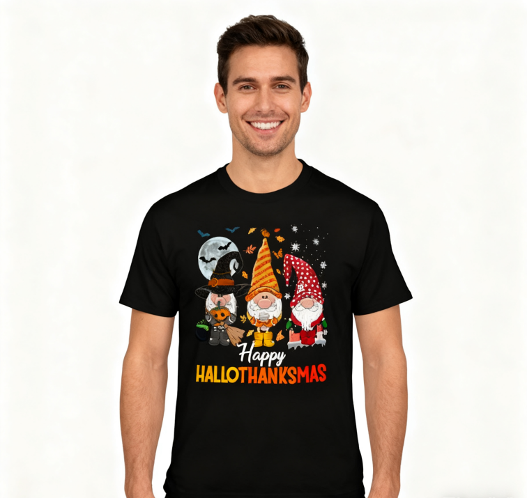 Happy HalloThanksMas Gnomes Graphic T-Shirt | 100% Cotton, Versatile for Multiple Occasions